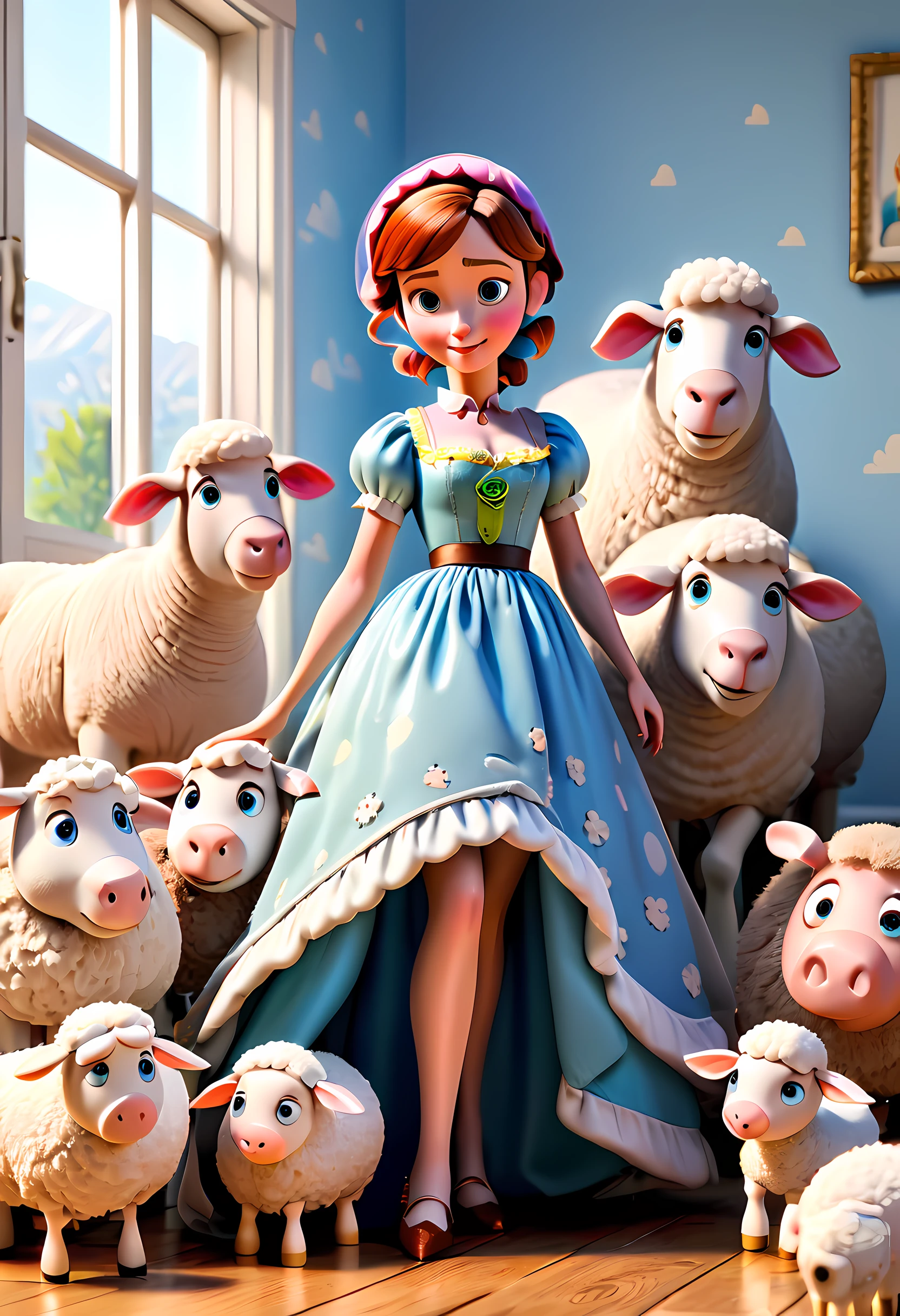 (best quality,4k,8k,highres,masterpiece:1.2),ultra-detailed,(realistic,photorealistic,photo-realistic:1.37),Pixar style:2,full body shot, "Toy Story 4" character, Bo Peep,Next to her are her three sheeps