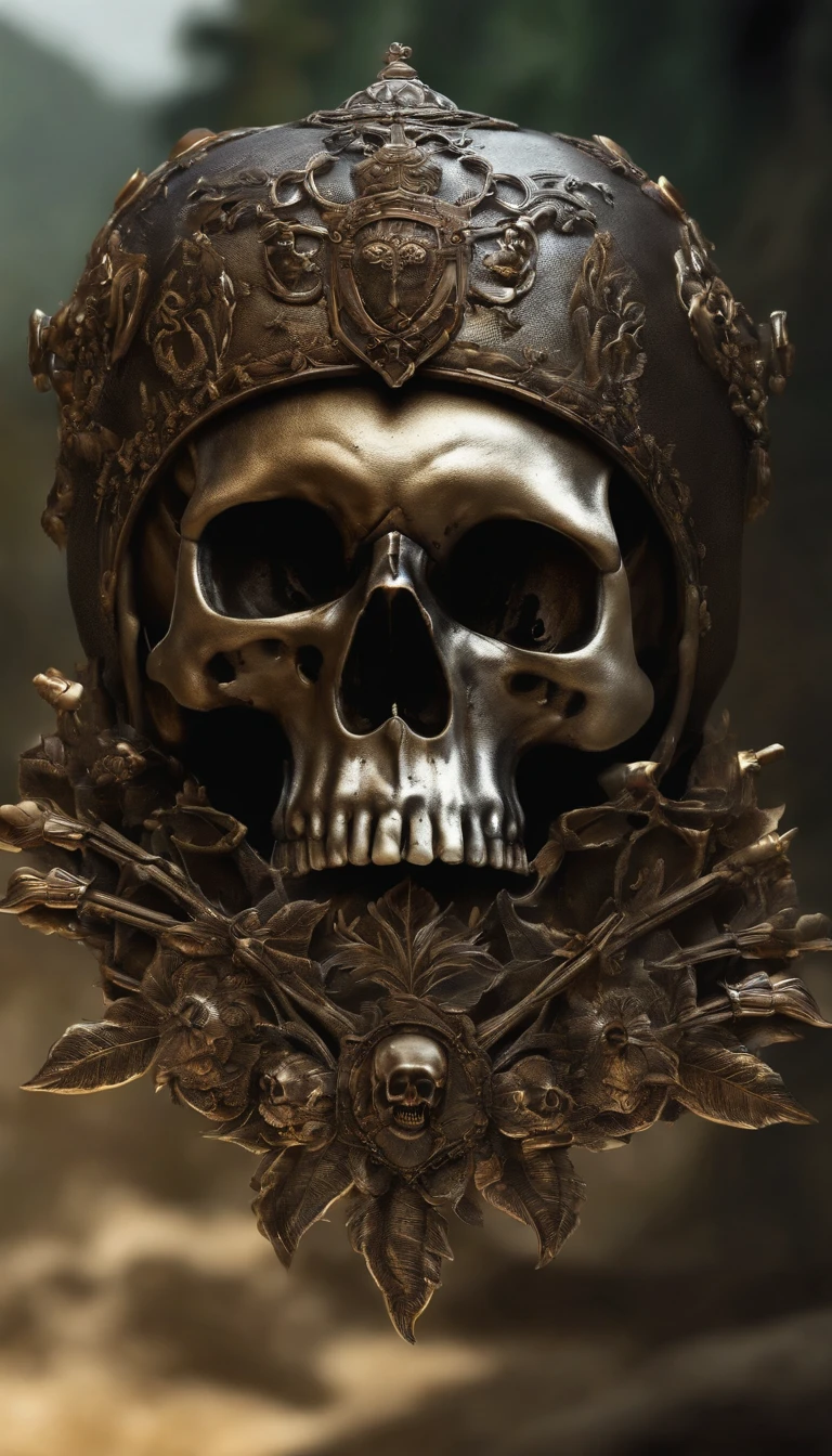 a closeup of a skull with bullets on it, fantasy skull, sacred skull, morphing skulls, ((skull)), death skull, skull tattoo, skull head, Tinta de caveira, skull like, skulls, sacred skulls, skull bones fire, glass skull, skulls around, arte de fundo, skull face, Directed by: Derek Zabrocki, caveira, colour print