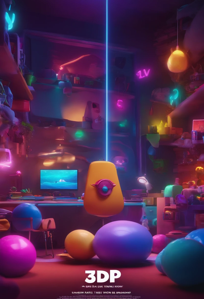 "Create a 3D Pixar Poster-style backdrop in 4k , with the title written on top : "Sarah tech" the unstoppable. The setting is a work-from-home studio, com leds e luzes neon magenta e azul."
