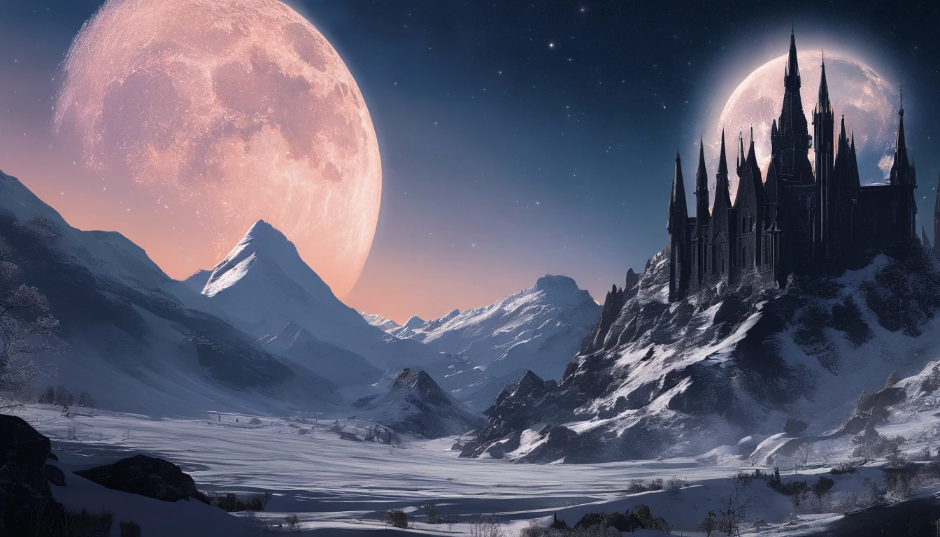Vast Landscape Photo (view from bottom, which shows the sky above and the rocks below), Fortress at the top (full moon: 1,2), (Shooting stars: 0,9), (nebula, clouds:1,3), A Distant Mountain ,(Cold light source:1.2), Lonely Mountain, Snow-capped mountains, voluminous lighting, реализм BREAK (tmasterpiece:1.2), (beste-Qualit), 4k, Ultra-detailed, (Dynamic composition: 1.4), Detailed, colorful details, (Cool color scheme: 1.2), (Glowing Lighting, Ambiance Lighting), dreamy, elvish, (独奏: 1.2)