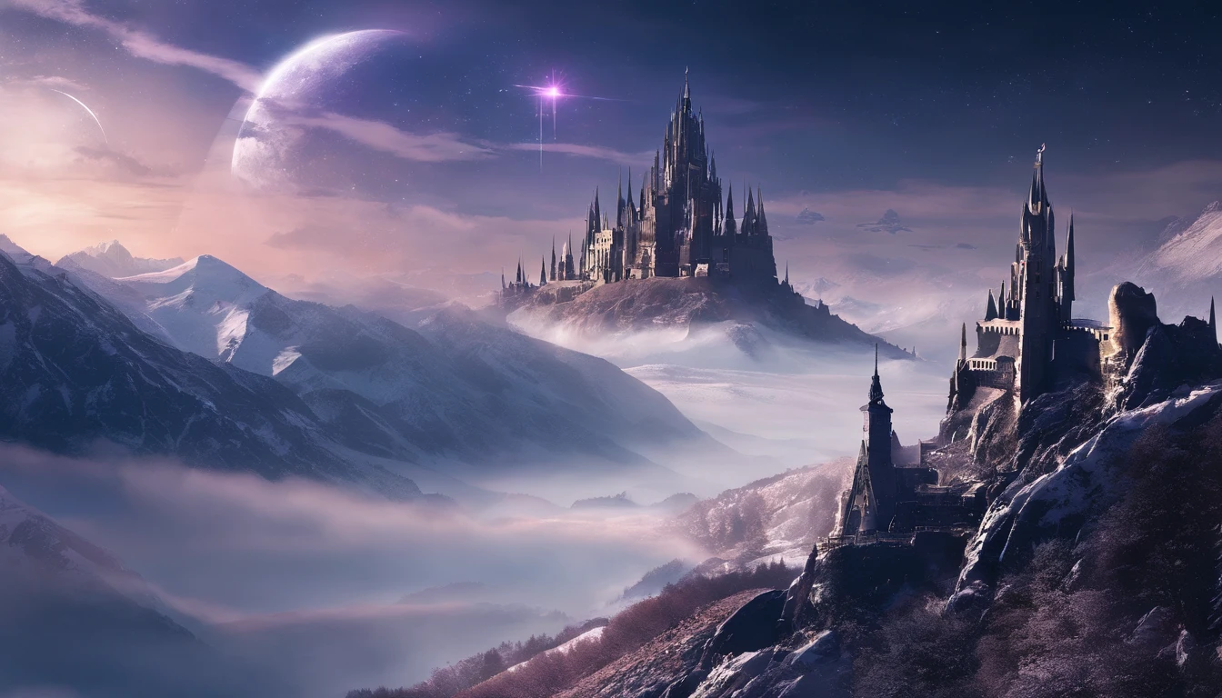Vast Landscape Photo (view from bottom, which shows the sky above and the rocks below), Fortress at the top (full moon: 1,2), (Shooting stars: 0,9), (nebula, clouds:1,3), A Distant Mountain ,(Cold light source:1.2), Lonely Mountain, Snow-capped mountains, voluminous lighting, реализм BREAK (tmasterpiece:1.2), (beste-Qualit), 4k, Ultra-detailed, (Dynamic composition: 1.4), Detailed, colorful details, (Cool color scheme: 1.2), (Glowing Lighting, Ambiance Lighting), dreamy, elvish, (独奏: 1.2)