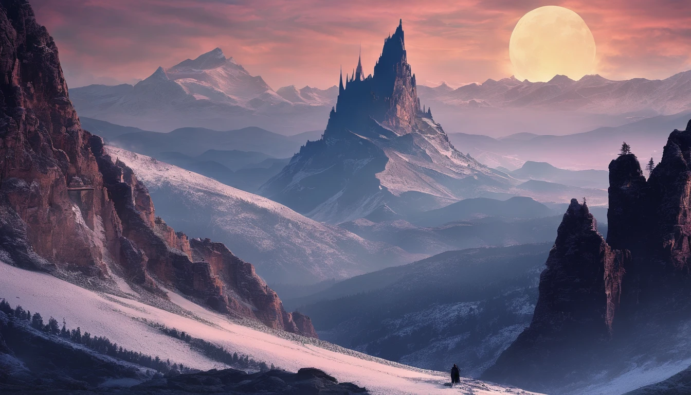Vast Landscape Photo (view from bottom, which shows the sky above and the rocks below), Fortress at the top (full moon: 1,2), (Shooting stars: 0,9), (nebula, clouds:1,3), A Distant Mountain ,(Cold light source:1.2), Lonely Mountain, Snow-capped mountains, voluminous lighting, реализм BREAK (tmasterpiece:1.2), (beste-Qualit), 4k, Ultra-detailed, (Dynamic composition: 1.4), Detailed, colorful details, (Cool color scheme: 1.2), (Glowing Lighting, Ambiance Lighting), dreamy, elvish, (独奏: 1.2)