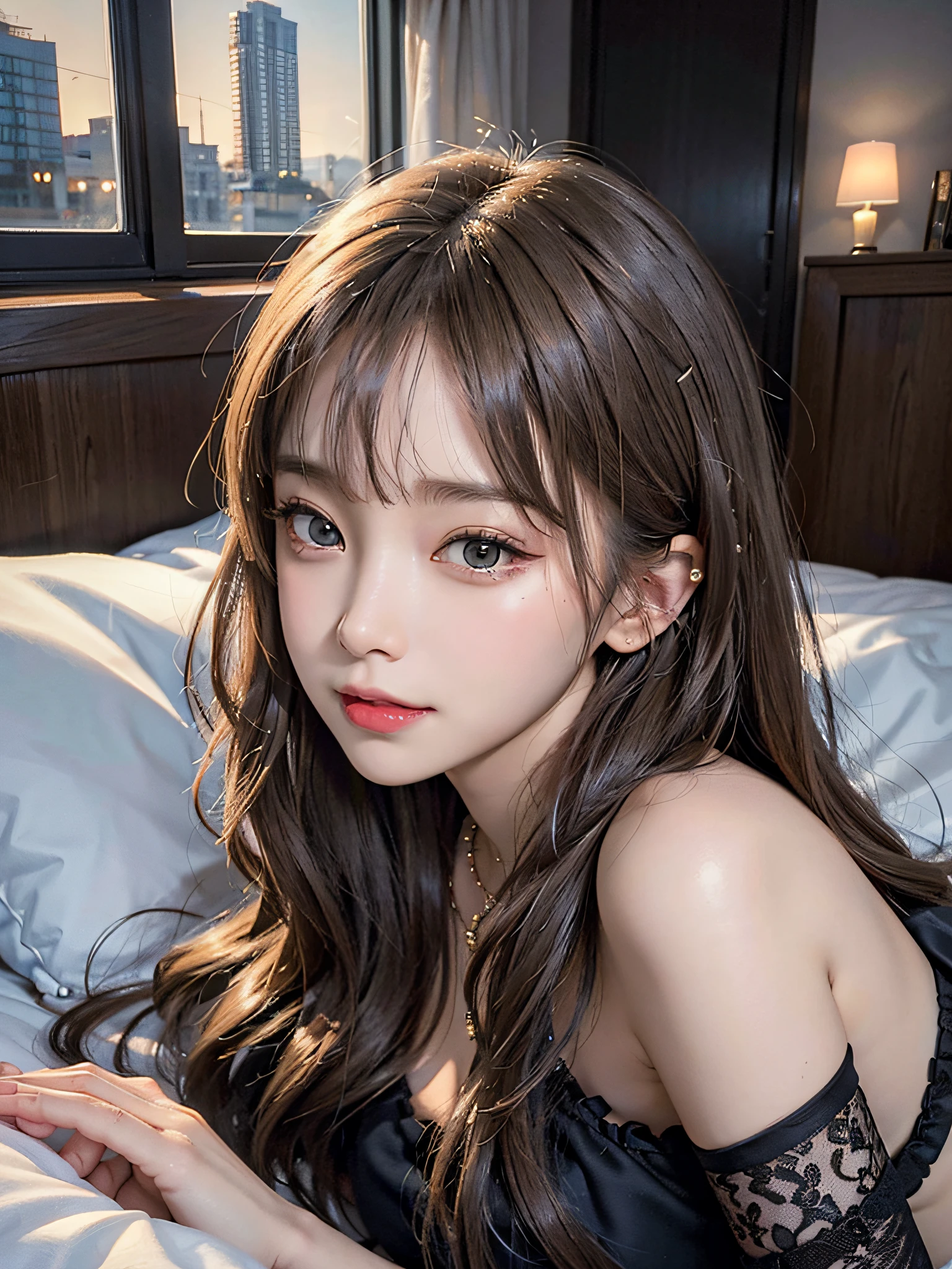 (surrealistic), (illustratio), (hight resolution), (8k picture), (ighly detailed), (The best illustrations), (beatiful detailed eyes), (top-quality), (ultra-detailliert), (​masterpiece), (wall-paper), (详细的脸), 独奏, 1girl in, light brown hair、Colossal tits、Wearing black stockings、florals、huge smile、garterbelts、Lace Bikini、Blushing cheeks、Dark eyeliner、bangss、Constriction of the lower back、skinny thigh、small ass、Beautiful bangs、gazing at viewer、a necklace、piercings、harbour、natta、nighttime scene、Hotel veranda、Little girl lying on bed、
