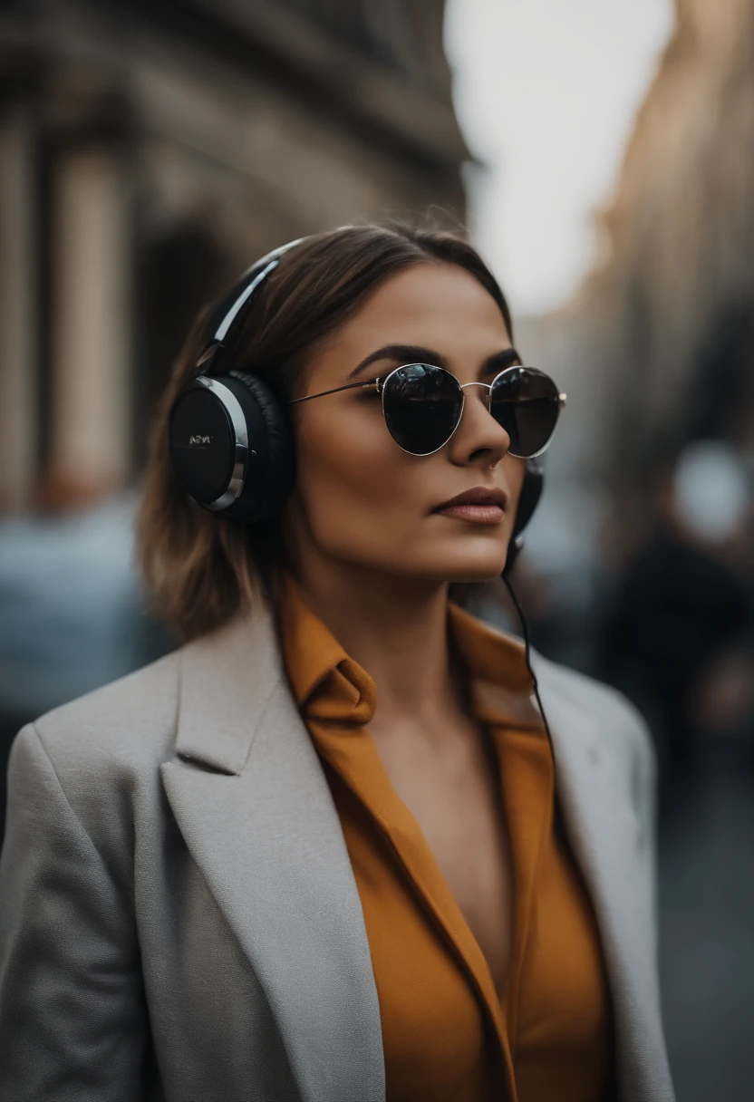 Perfect centralization, gato cinza malhadobonito, Use uma jaqueta preta, wearing sunglasses, Usando fones de ouvido, alegria, Standing position, beleza abstrata, Centrado, looking at the camera, Facing the camera, nearing perfection, Dynamic, altamente detalhado, liso, foco nítido, 8k