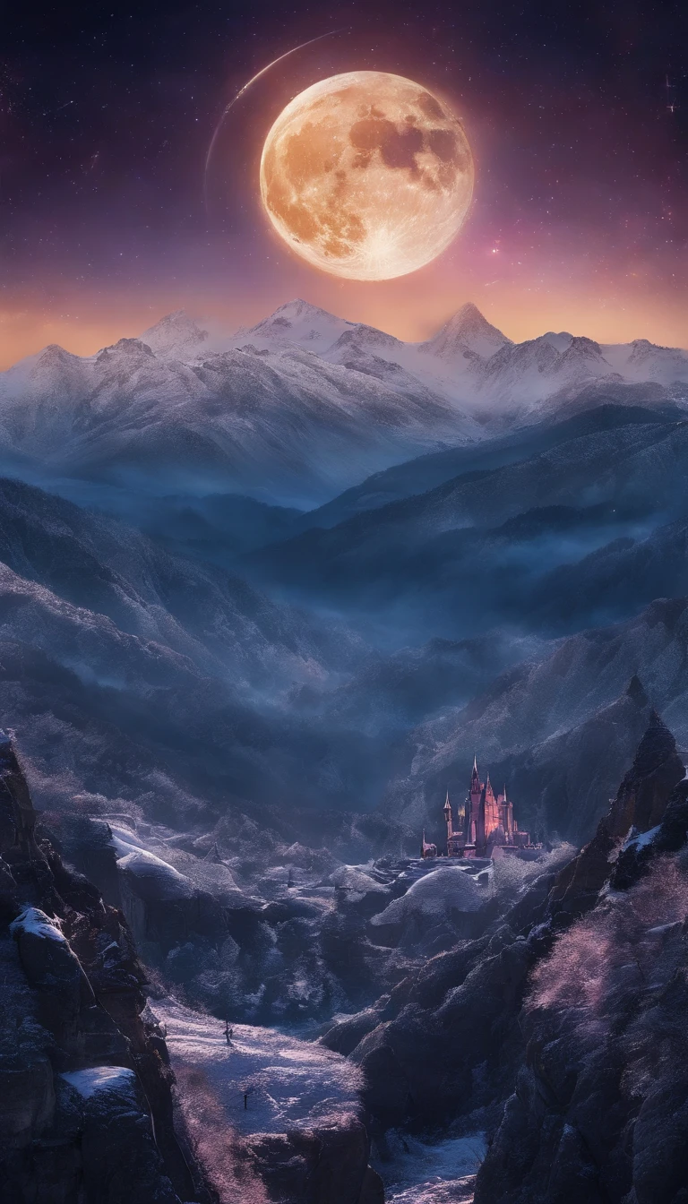 Vast Landscape Photo (view from bottom, which shows the sky above and the rocks below), Fortress at the top (full moon: 1,2), (Shooting stars: 0,9), (nebula: 1,3), A Distant Mountain ,(Cold light source:1.2), Lonely Mountain, Snow-capped mountains, voluminous lighting, реализм BREAK (tmasterpiece:1.2), (beste-Qualit), 4k, Ultra-detailed, (Dynamic composition: 1.4), Detailed, colorful details, (Cool color scheme: 1.2), (Glowing Lighting, Ambiance Lighting), dreamy, elvish, (独奏: 1.2)