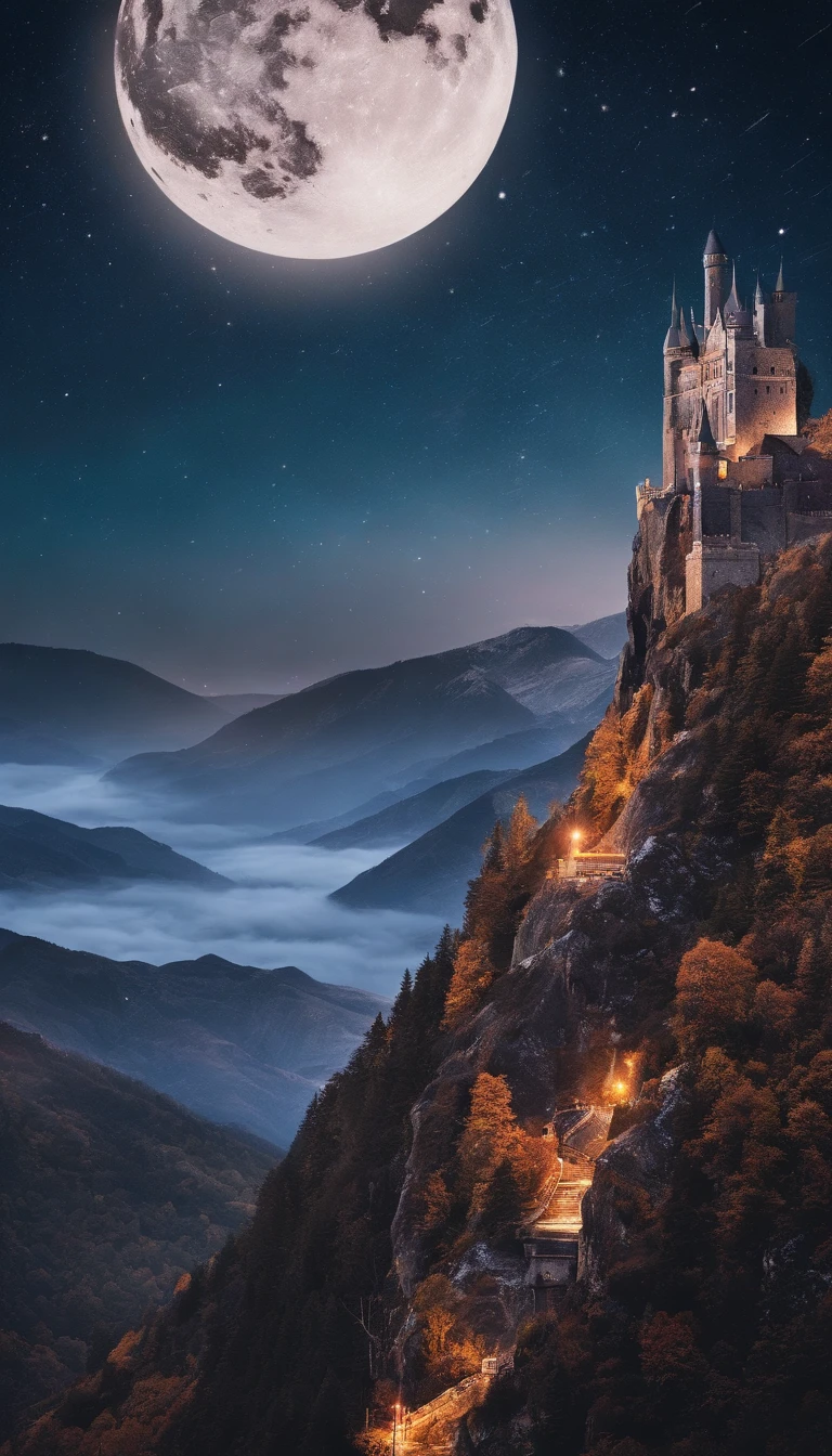 Vast Landscape Photo (view from bottom, which shows the sky above and the rocks below), Fortress at the top (full moon: 1,2), (Shooting stars: 0,9), (nebula: 1,3), A Distant Mountain ,(Cold light source:1.2), Lonely Mountain, Snow-capped mountains, voluminous lighting, реализм BREAK (tmasterpiece:1.2), (beste-Qualit), 4k, Ultra-detailed, (Dynamic composition: 1.4), Detailed, colorful details, (Cool color scheme: 1.2), (Glowing Lighting, Ambiance Lighting), dreamy, elvish, (独奏: 1.2)