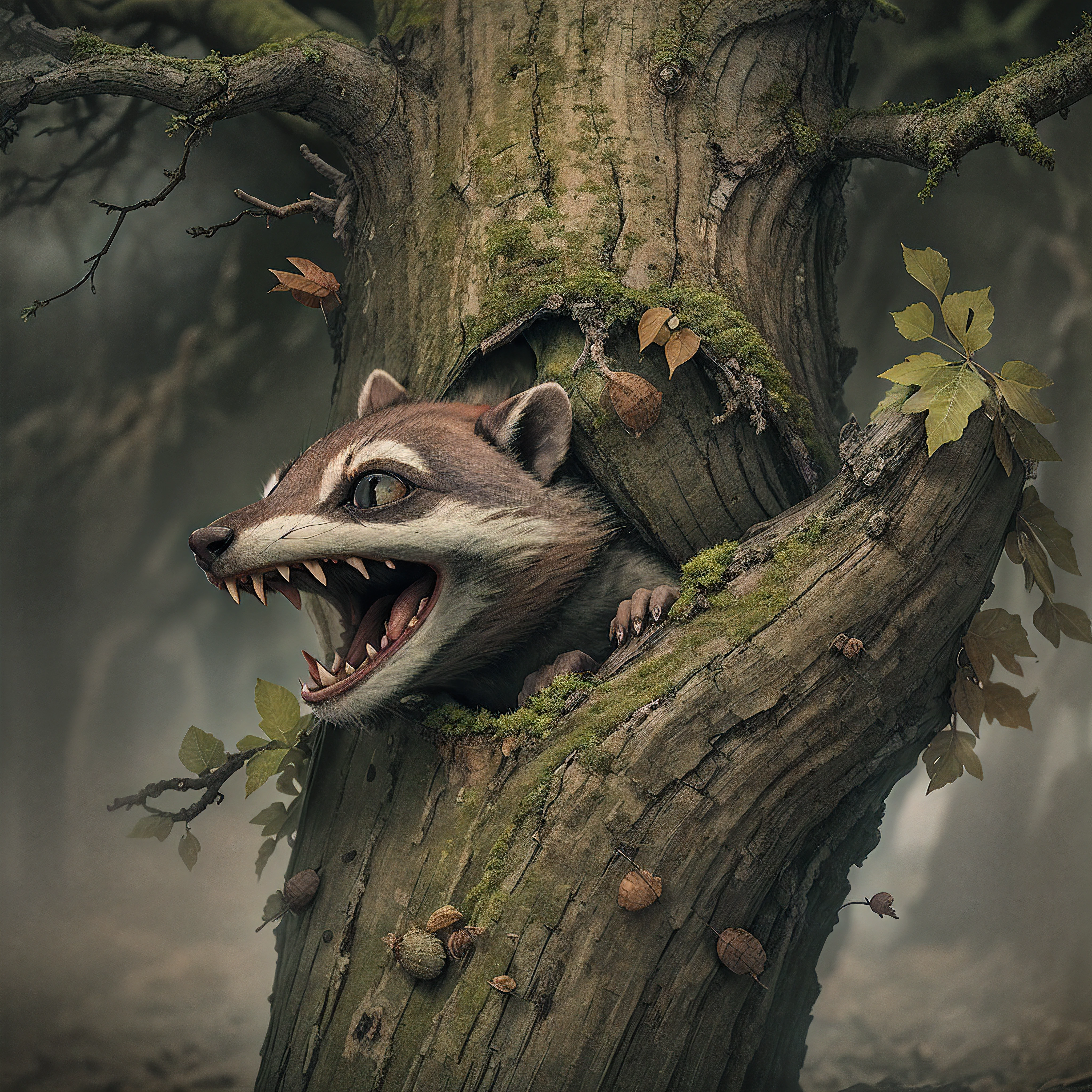 Against a dark stormy sky, a screaming acorn with wide eyes and a gaping mouth floats over the crumbling bark of a hollow dead oak tree.

"Aaaaaahhhh!" the acorn screams, its stem arms flailing as it sails through the air. The once mighty oak stands broken below, its branches barren and bark peeling away.

In the next panel, the acorn is in freefall, still shrieking in terror. Frayed leaves surround its body as it plunges down the side of the dying tree.

The final panel shows the acorn hitting the dry cracked earth with a quiet thud, rolling to a stop beside the moss-covered boots of a weary raccoon. The raccoon glances down indifferently as the acorn comes to rest. In the distance, a forest burns beneath an ominous reddened sky. The only sound is the crackling fire.