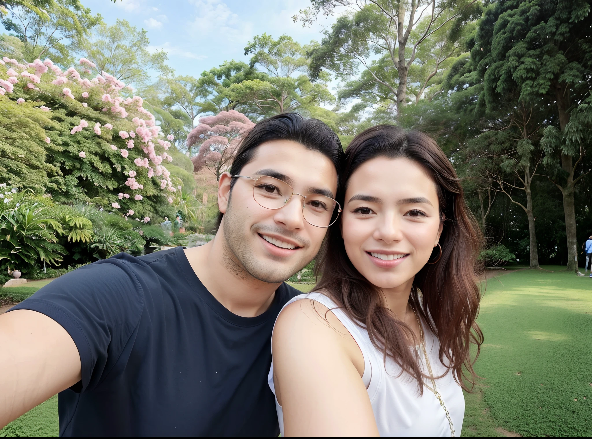there is a man and woman taking a selfie in the park, In Sao Paulo, Directed by: Nandor Soldier, Casal feliz, São Paulo, standing in a botanical garden, david rios ferreira, com um parque ao fundo, Malika Favre, par, Lovely couple, Parque em segundo plano, Foto realista, em um parque