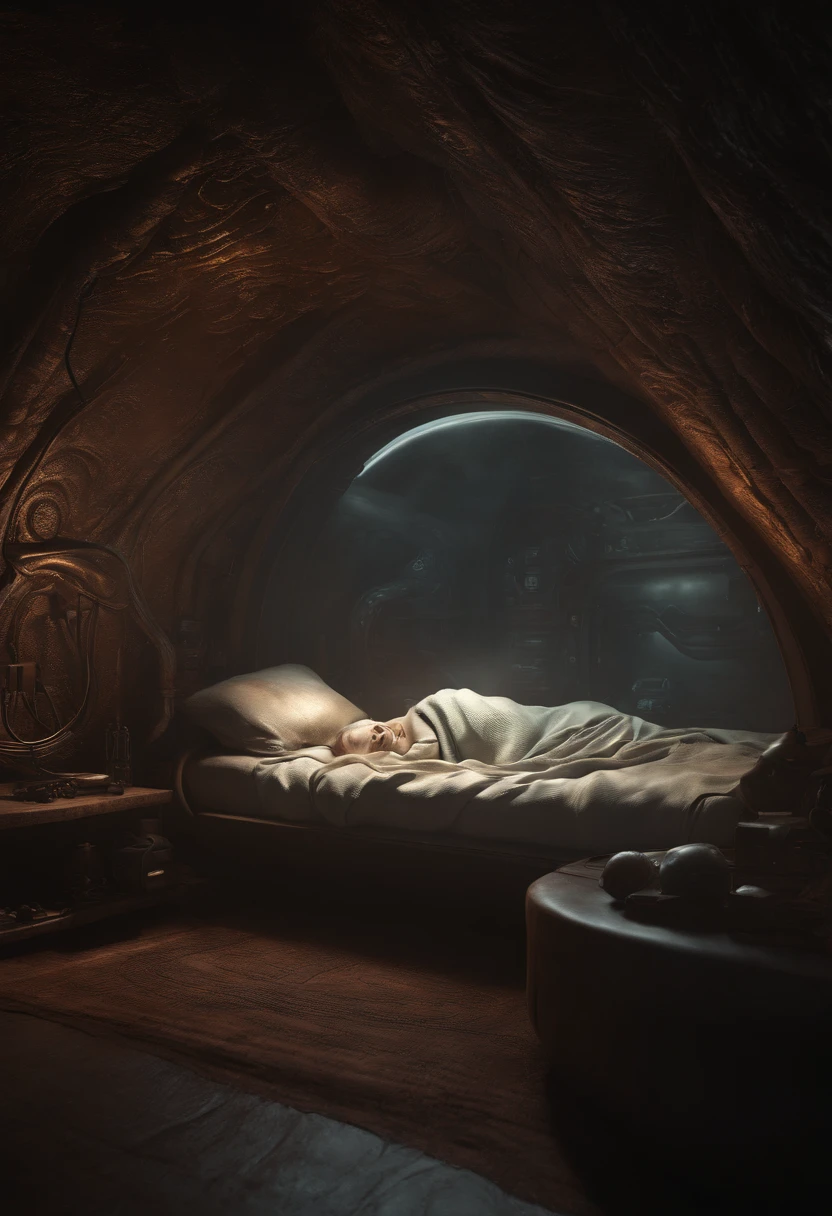 Hibernating human, alien, pod, organic, horror, concept art, giger, cronenberg, unreal engine, best render