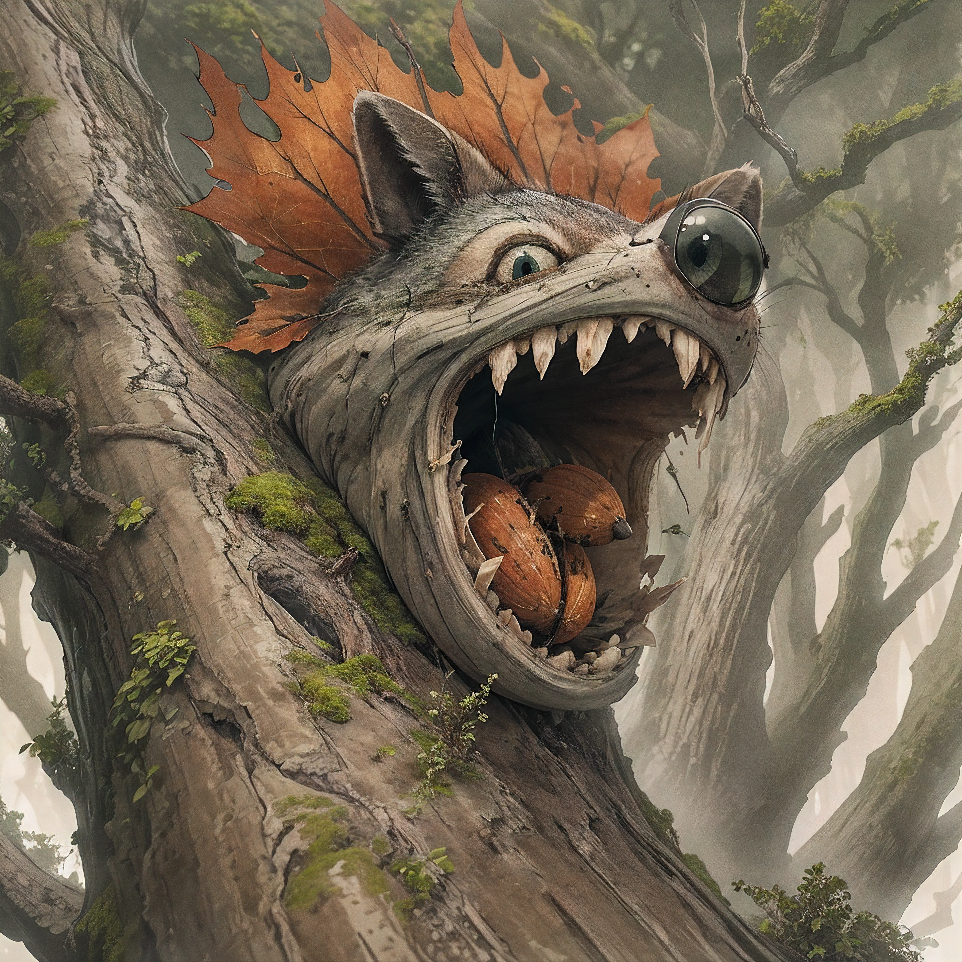 Against a dark stormy sky, a screaming acorn with wide eyes and a gaping mouth floats over the crumbling bark of a hollow dead oak tree.

"Aaaaaahhhh!" the acorn screams, its stem arms flailing as it sails through the air. The once mighty oak stands broken below, its branches barren and bark peeling away.

In the next panel, the acorn is in freefall, still shrieking in terror. Frayed leaves surround its body as it plunges down the side of the dying tree.

The final panel shows the acorn hitting the dry cracked earth with a quiet thud, rolling to a stop beside the moss-covered boots of a weary raccoon. The raccoon glances down indifferently as the acorn comes to rest. In the distance, a forest burns beneath an ominous reddened sky. The only sound is the crackling fire.