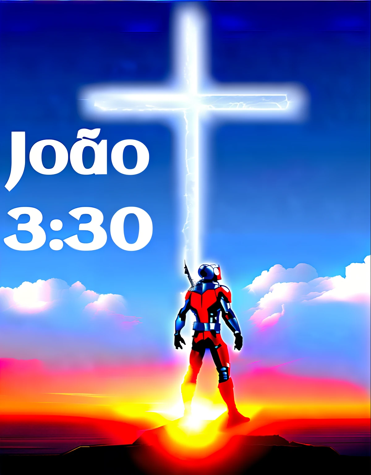 There's an Ant Man, In front of a cross with a sky background, estilo anime, desenho animado, CR3, ano 3 0 0 0, Ano 3000, Fim dos Tempos, screensaver, exploitable image, Imagem absolutamente excepcional,