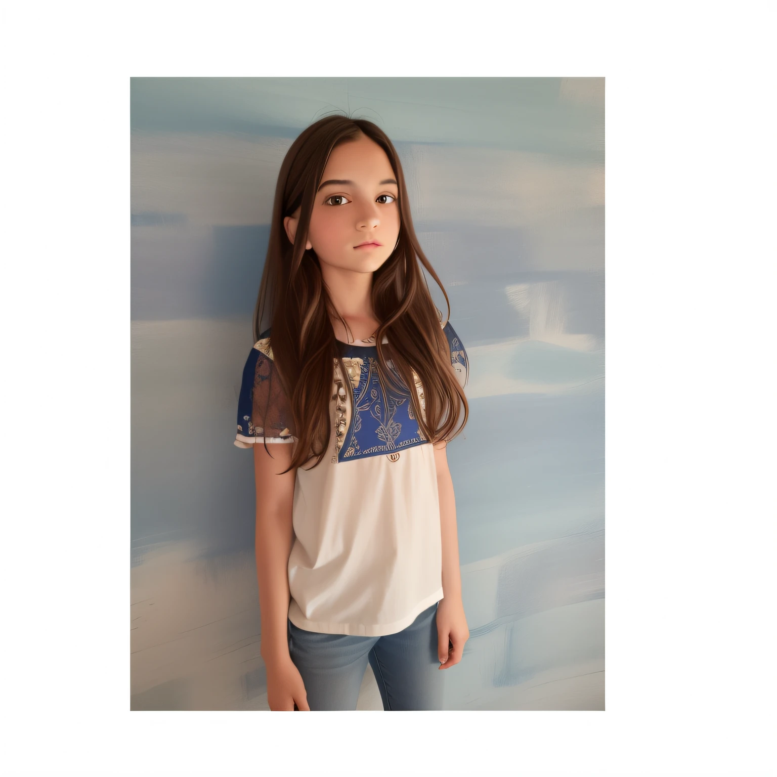 A 10 year old girl with medium length black hair, children's pigtails hair, Caucasian facial structure, a beautiful smile on her face and a deep look, blue short crop top, small skirt, bare shoulders, she in a dark alley,