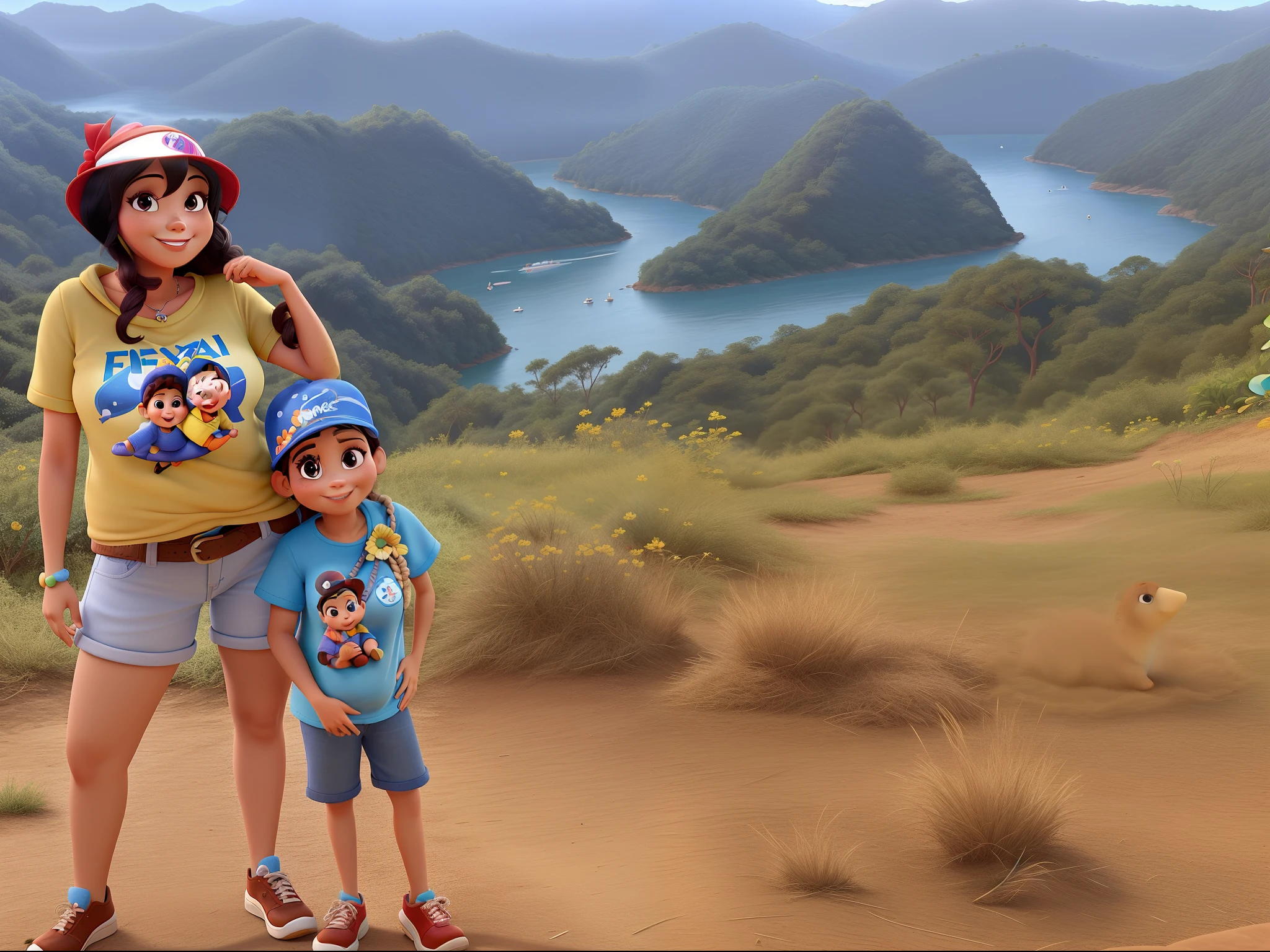 Familia estilo disney pixar, Happy and beautiful mother with hat, filho traquina, natureza e rio de fundo, sem bebes alta qualidade, melhor qualidade.