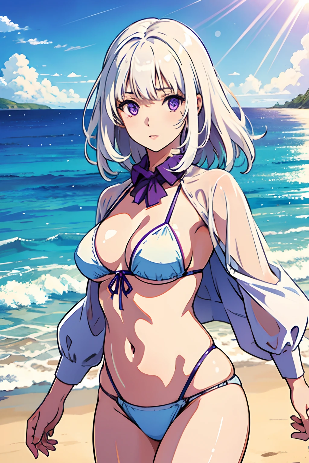 realistic, 1girl, white hair, purple eyes, bikini, beach, light particles, light rays, wallpaper,