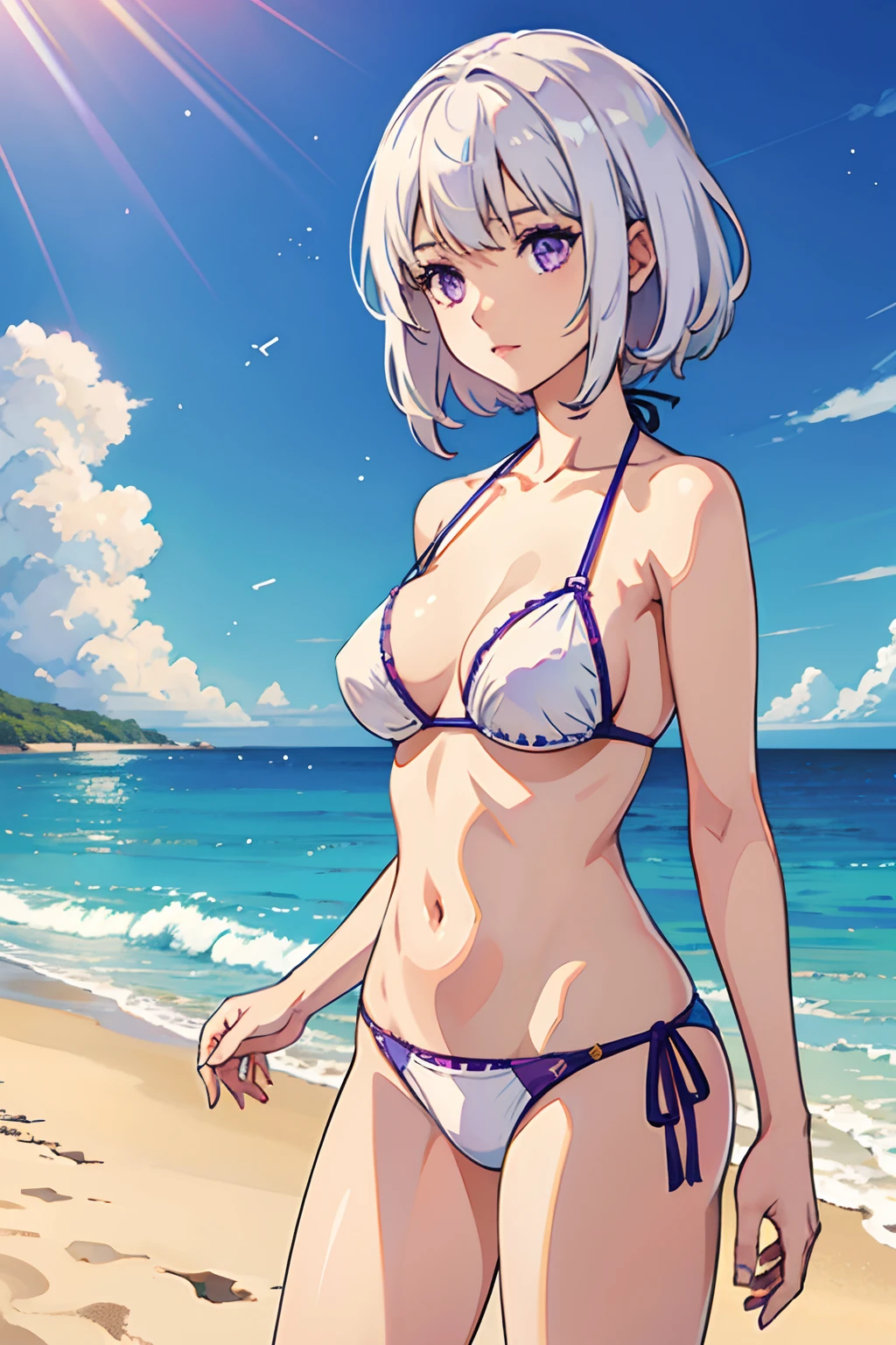 realistic, 1girl, white hair, purple eyes, bikini, beach, light particles, light rays, wallpaper,