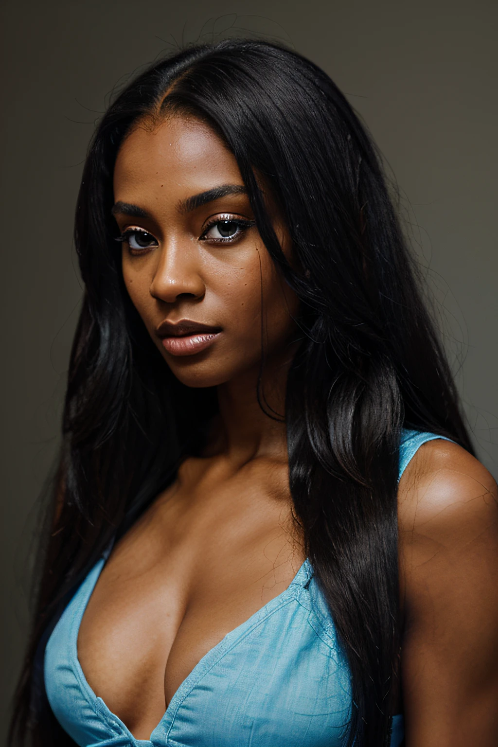 Black Women with blue eyes standing looking to the camera with long hairs hyper realistic