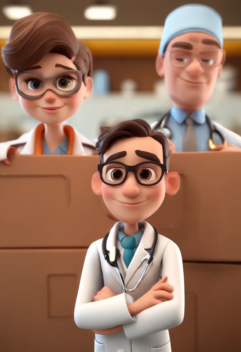 Cartoon Character Couple Of age Doctors, 18 anos, Wearing lab coat and stethoscope in a college , um personagem animado, Caractere estilizado, animation style rendering, 3D estilizado, , 3 d render stylized, toon render keyshot, Personagem 3D, Personagem 3D, 3d rendering stylized, 3 d character render, personagem de desenho animado, Personagem de close up, Pose de personagem, (Estilo Pixar) (Bokeh) (melhor qualidade) (pele detalhada) (textura detalhada) (8k) (argila) (Cinematic lighting) (foco nítido,Senta e vaza a parte superior do corpo