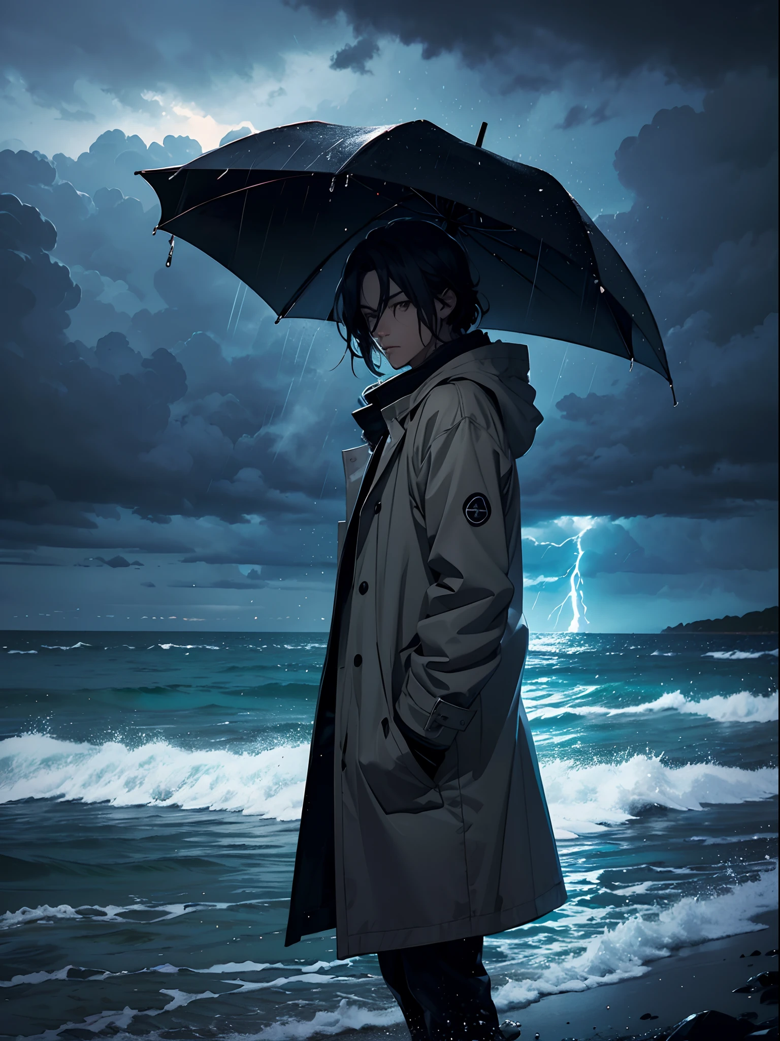 a handsome anime man on the seashore, gloomy ocean, dark sky, thunderstorm, beautiful picture, cotton coat, heavy rain, wet hair, detailed picture, good resolution