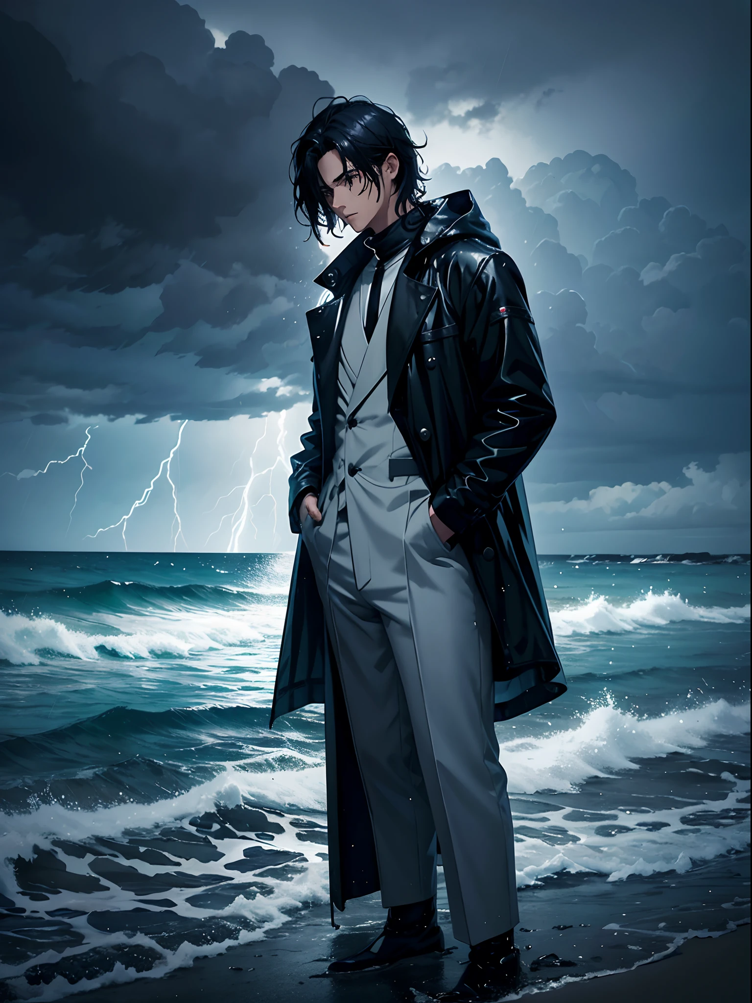 a handsome anime man on the seashore, gloomy ocean, dark sky, thunderstorm, beautiful picture, translucent coat, heavy rain, wet hair, detailed picture, good resolution