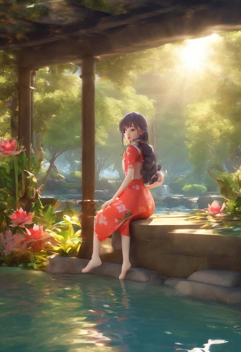 1girl, Looking at the Viewer, water, Lagoa, lago, Sanctuary, Koi