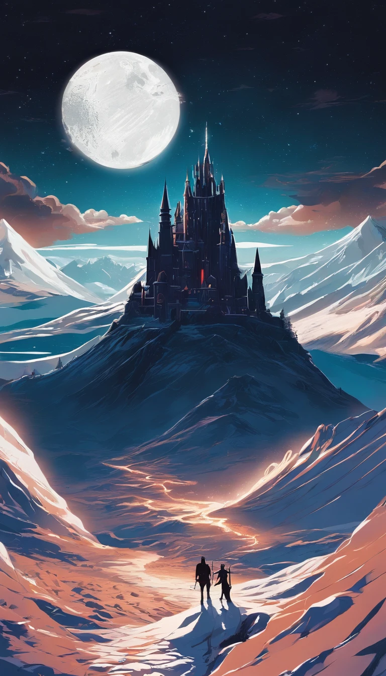 Vast Landscape Photo (view from bottom, which shows the sky at the top), Fortress at the top (full moon: 1,2), (Shooting stars: 0,9), (nebula: 1,3), A Distant Mountain ,(Cold light source:1.2), Lonely Mountain, Snow-capped mountains, voluminous lighting, реализм BREAK (tmasterpiece:1.2), (beste-Qualit), 4k, Ultra-detailed, (Dynamic composition: 1.4), Detailed, colorful details, (Cool color scheme: 1.2), (Glowing Lighting, Ambiance Lighting), dreamy, elvish, (独奏: 1.2)