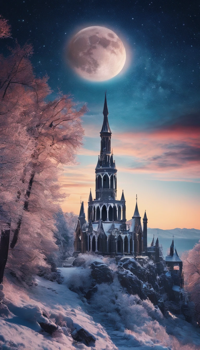 Vast Landscape Photo (view from bottom, which shows the sky at the top), Fortress at the top (full moon: 1,2), (Shooting stars: 0,9), (nebula: 1,3), A Distant Mountain ,(Cold light source:1.2), Lonely Mountain, Snow-capped mountains, voluminous lighting, реализм BREAK (tmasterpiece:1.2), (beste-Qualit), 4k, Ultra-detailed, (Dynamic composition: 1.4), Detailed, colorful details, (Cool color scheme: 1.2), (Glowing Lighting, Ambiance Lighting), dreamy, elvish, (独奏: 1.2)