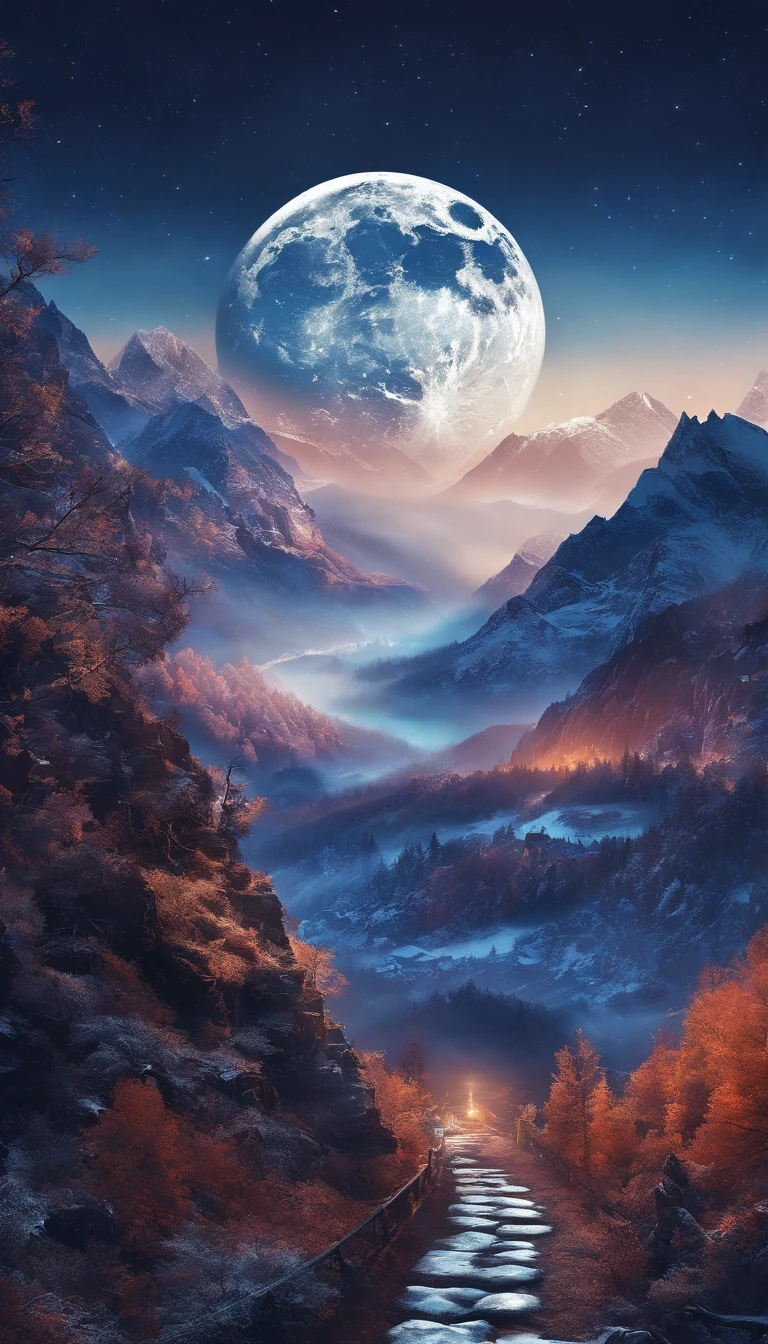 Vast Landscape Photo (view from bottom, which shows the sky at the top), Fortress at the top (full moon: 1,2), (Shooting stars: 0,9), (nebula: 1,3), A Distant Mountain ,(Cold light source:1.2), Lonely Mountain, Snow-capped mountains, voluminous lighting, реализм BREAK (tmasterpiece:1.2), (beste-Qualit), 4k, Ultra-detailed, (Dynamic composition: 1.4), Detailed, colorful details, (Cool color scheme: 1.2), (Glowing Lighting, Ambiance Lighting), dreamy, elvish, (独奏: 1.2)