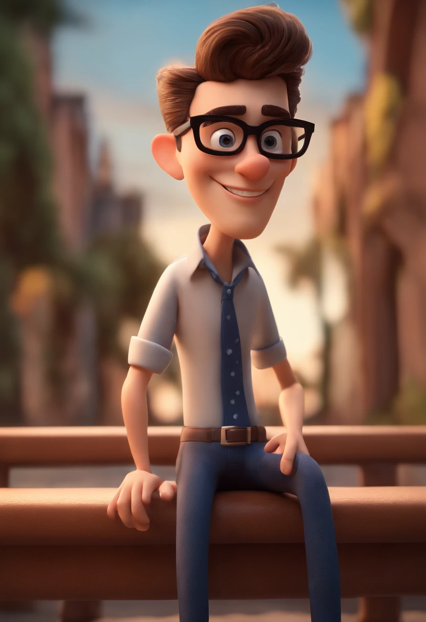 Cartoon character of a man wearing black glasses and a blue shirt, um personagem animado, Caractere estilizado, animation style rendering, 3D estilizado, Arnold Maya render, 3 d render stylized, toon render keyshot, Personagem 3D, Personagem 3D, 3d rendering stylized, 3 d character render, personagem de desenho animado, Personagem de close up, Pose de personagem, (Estilo Pixar) (master part:1.2) (Bokeh) (best quality) (pele detalhada) (textura detalhada) (8k) (argila) (Cinematic lighting) (foco nítido，Senta e vaza a parte superior do corpo