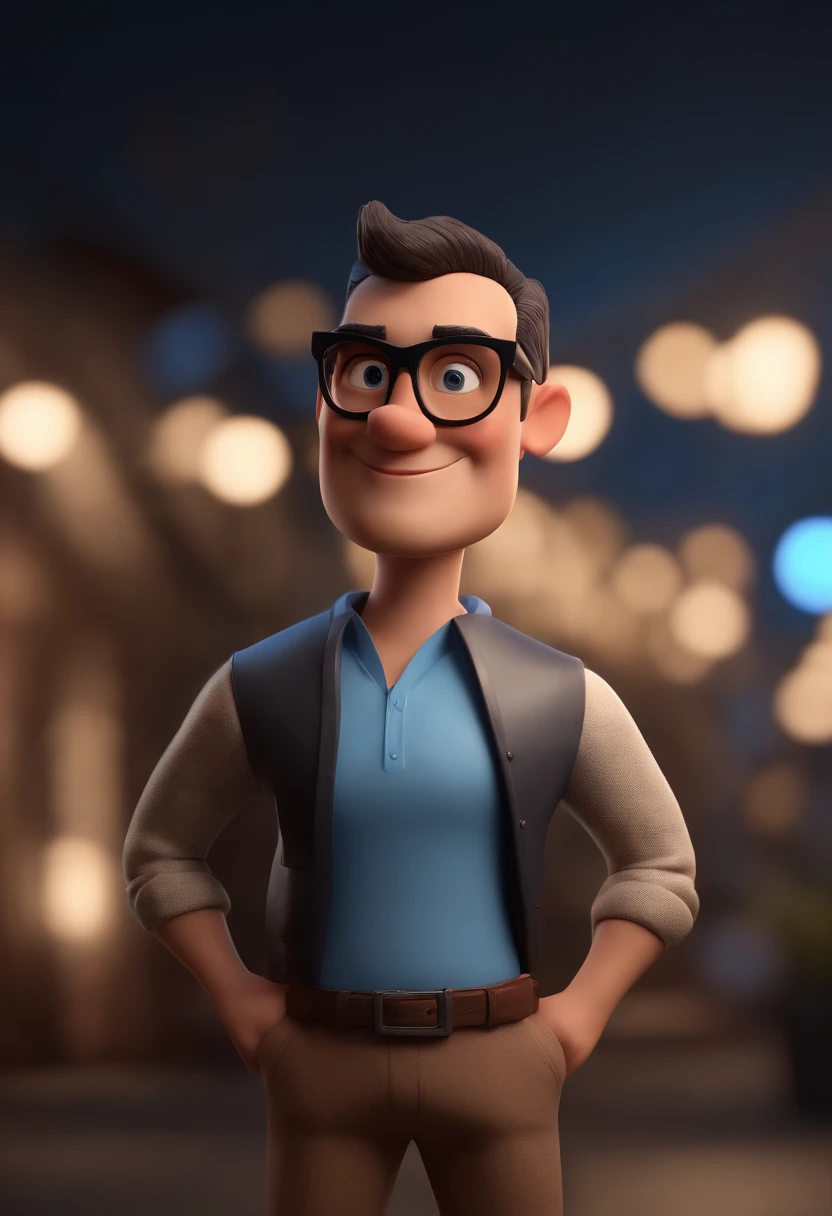 Cartoon character of a man wearing black glasses and a blue shirt, um personagem animado, Caractere estilizado, animation style rendering, 3D estilizado, Arnold Maya render, 3 d render stylized, toon render keyshot, Personagem 3D, Personagem 3D, 3d rendering stylized, 3 d character render, personagem de desenho animado, Personagem de close up, Pose de personagem, (Estilo Pixar) (master part:1.2) (Bokeh) (best quality) (pele detalhada) (textura detalhada) (8k) (argila) (Cinematic lighting) (foco nítido，Senta e vaza a parte superior do corpo