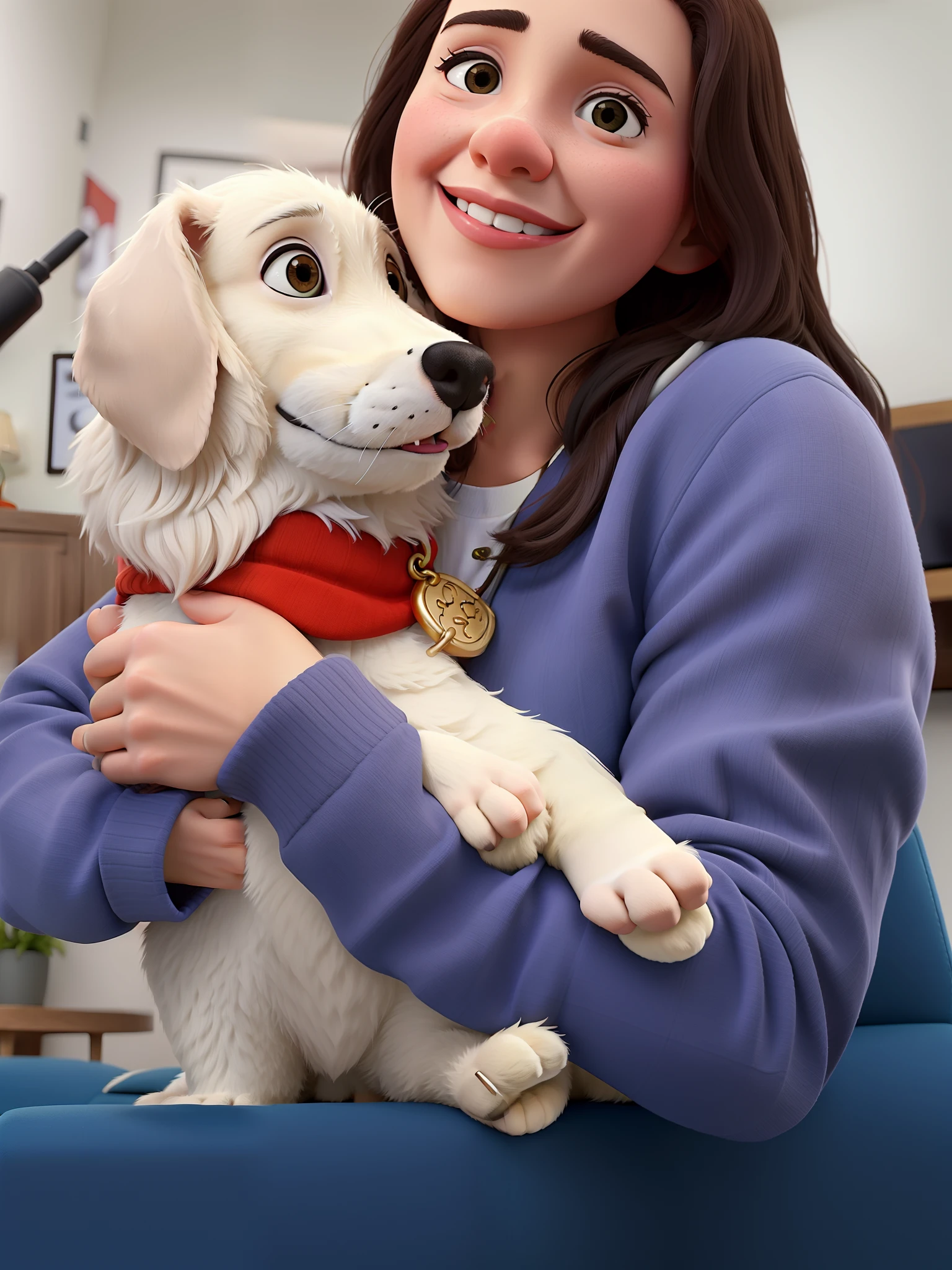 Woman holding a dog in her arms while sitting on a sofa, Reconfortante, aw, imagem de perfil, sorriso caloroso e gentil, pet animal, Divirta-se, imagem de qualidade muito baixa, um alambique de um feliz, by Amelia Peláez, muito expressivo, olhando parcialmente para a esquerda, divertindo-se, it's very huge, muito feliz