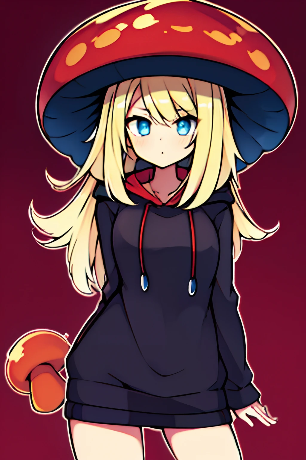 Early TCG,1girl, solo, masterpiece,4k,8k,absurdres, blue eyes, blond hair, crossed bangs, closeup, red mushroom girl, yugioh style yugioh monster glowing outline, black hoodie,cowboy shot,simple background