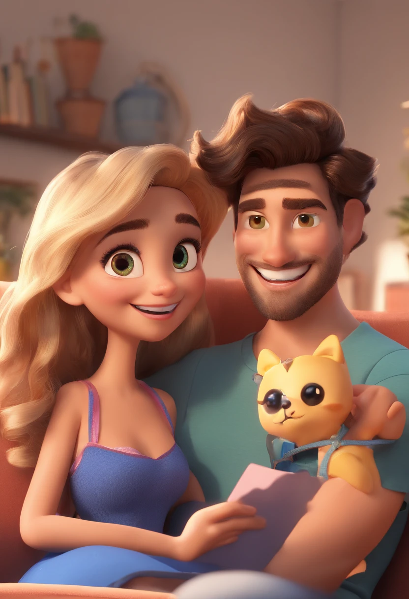 An illustration of an adorable couple, Destaque para um homem branco, com cabelo loiro escuro, green eyes and glasses and a brunette woman with darker skin than his and beautiful expressive eyes – the man's skin is white, while the woman's skin is brown and the woman's hair is wavy and peter. They are at home in the living room with blue accents, cada um com um sorriso no rosto, e compartilhar um momento especial caracterizado pelo amor, Insights. Illustrate this scene from a perspective where they are facing the camera, Smiling and Showing Your Connection. Desenvolva esta arte em Full HD, Focus on your cinematic touch, Estilo Disney Pixar Animations