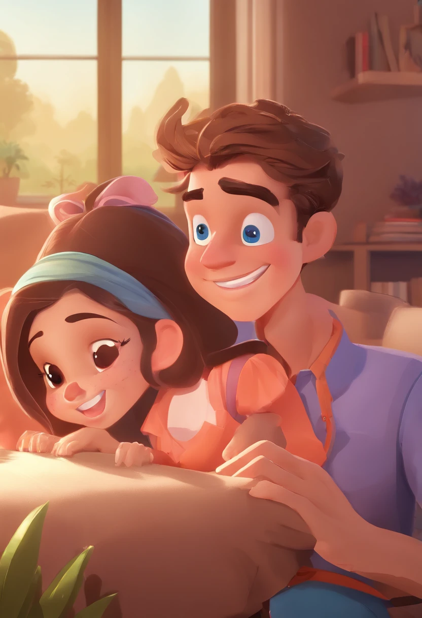 An illustration of an adorable couple, Destaque para um homem branco, com cabelo loiro escuro, green eyes and glasses and a brunette woman with darker skin than his and beautiful expressive eyes – the man's skin is white, while the woman's skin is brown and the woman's hair is wavy and peter. They are at home in the living room with blue accents, cada um com um sorriso no rosto, e compartilhar um momento especial caracterizado pelo amor, Insights. Illustrate this scene from a perspective where they are facing the camera, Smiling and Showing Your Connection. Desenvolva esta arte em Full HD, Focus on your cinematic touch, Estilo Disney Pixar Animations