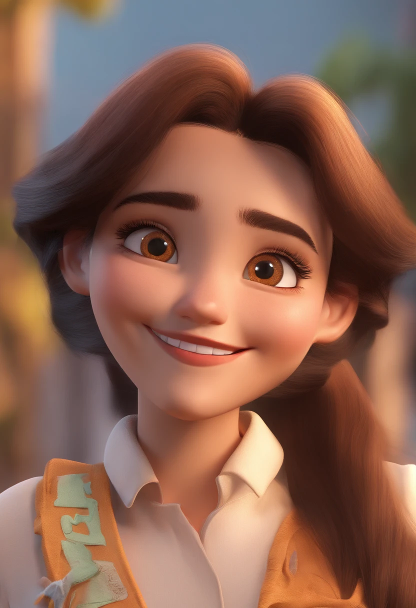 White teeth, brown eyes, straight dark brown hair, ,Do this in Disney Pixar style.