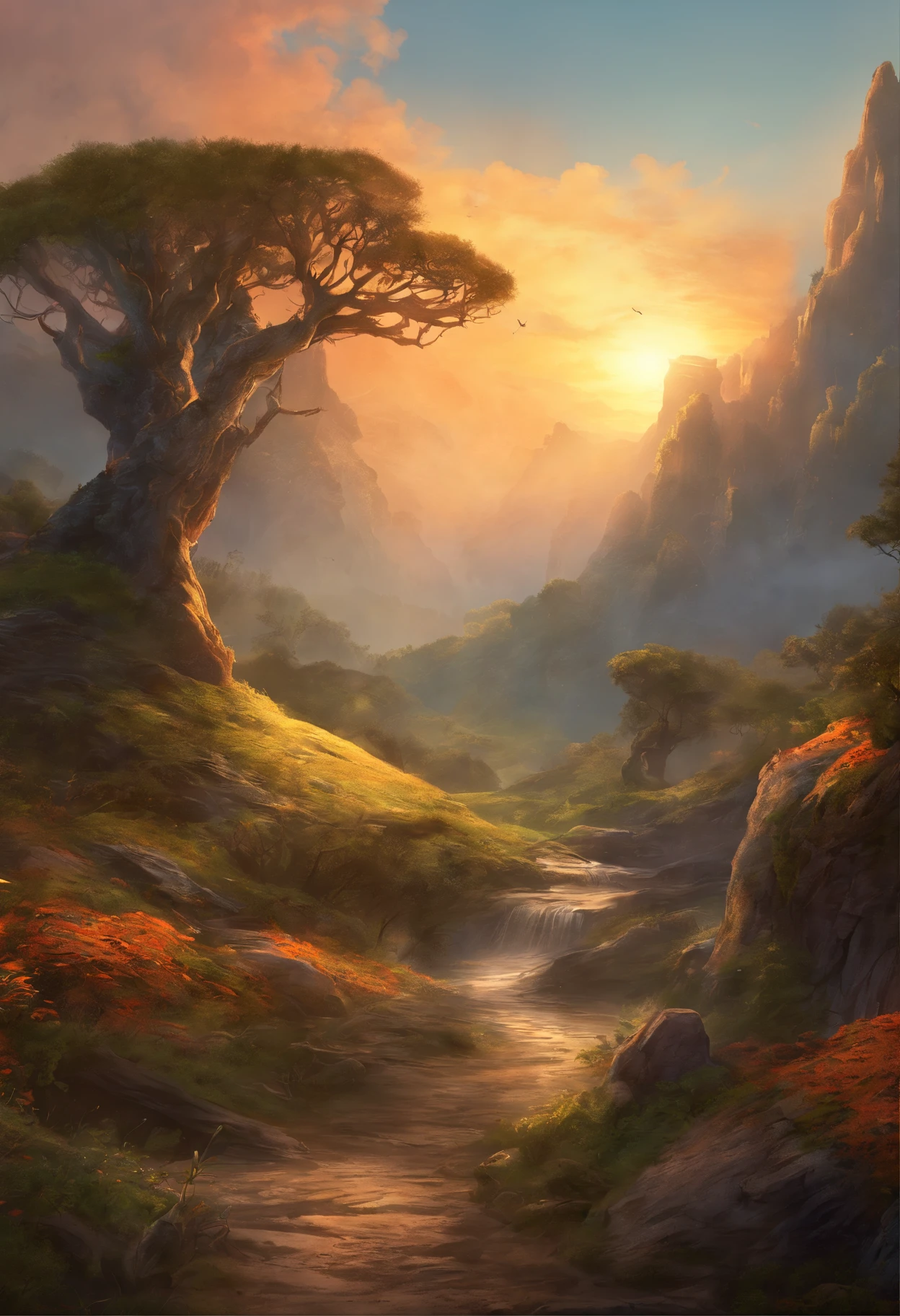 Crie uma paisagem desolada de vale e montanhas, envolto em nevoeiro espesso, com poucos raios de sol, with gnarled trees and thick trunks, and undergrowth reminiscent of grass and grass, em uma paisagem ultrarrealista, com cores mortas, 4k, Cinematic lighting, natural lighting, filmic grain, Cinematic lighting, High detail, Fotoreal, fotorrealista, Volumetric lighting and shading