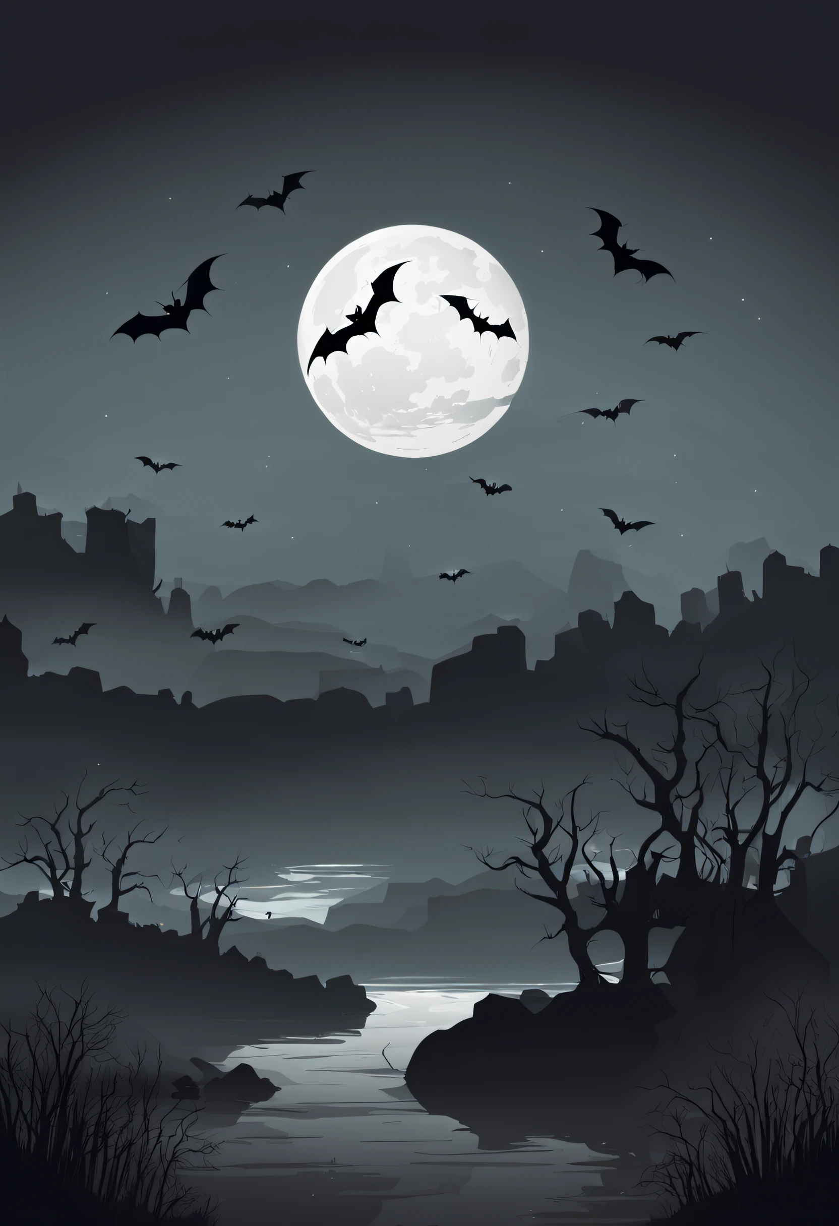 Gloomy landscape with the moon and bats