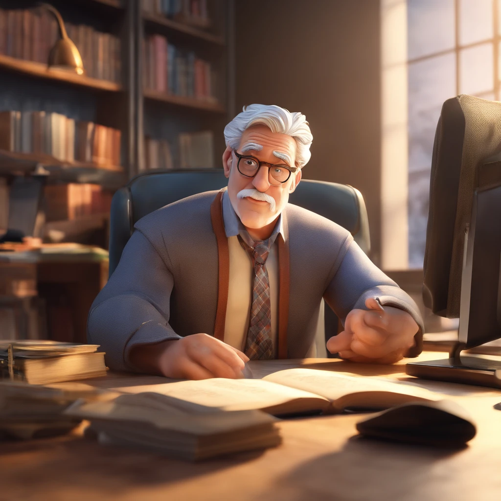 Crie um cartaz inspirado na Disney Pixar com o personagem sendo o pastor Rubens Janier, A gray-haired man wearing glasses, in an office with a Bible on the table