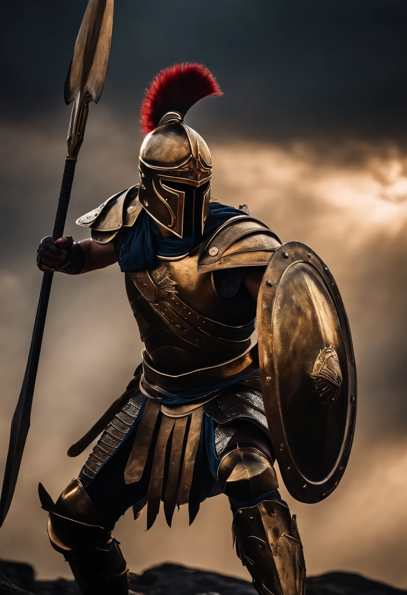spartan warrior, fighting , stunning armor, black gold armor, epic, 8k