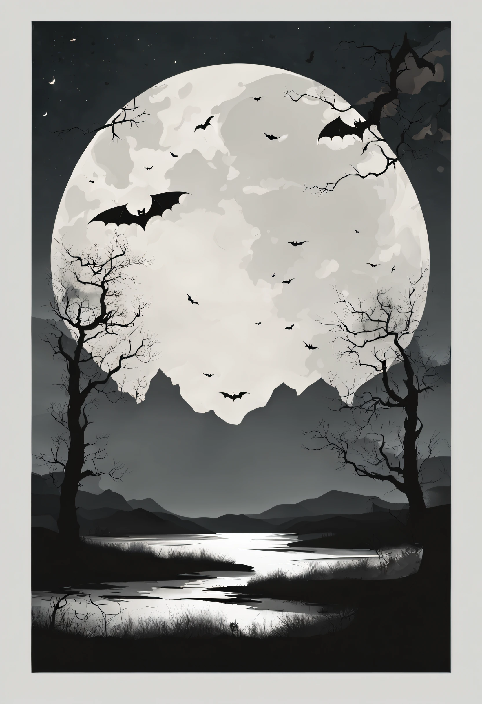 Gloomy landscape with the moon and bats