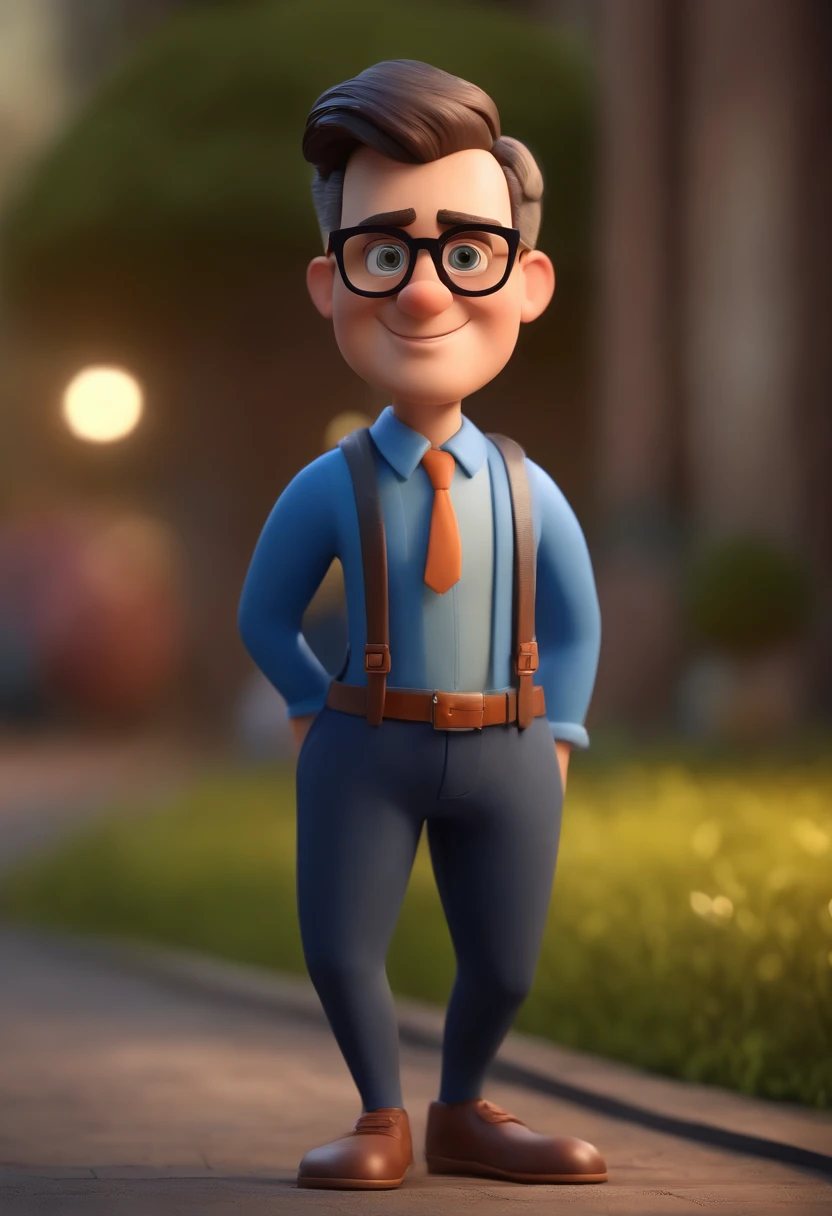 Cartoon character of a man wearing black glasses and a blue shirt, um personagem animado, Caractere estilizado, animation style rendering, 3D estilizado, Arnold Maya render, 3 d render stylized, toon render keyshot, Personagem 3D, Personagem 3D, 3d rendering stylized, 3 d character render, personagem de desenho animado, Personagem de close up, Pose de personagem, (Estilo Pixar) (master part:1.2) (Bokeh) (best quality) (pele detalhada) (textura detalhada) (8k) (argila) (Cinematic lighting) (foco nítido,Senta e vaza a parte superior do corpo