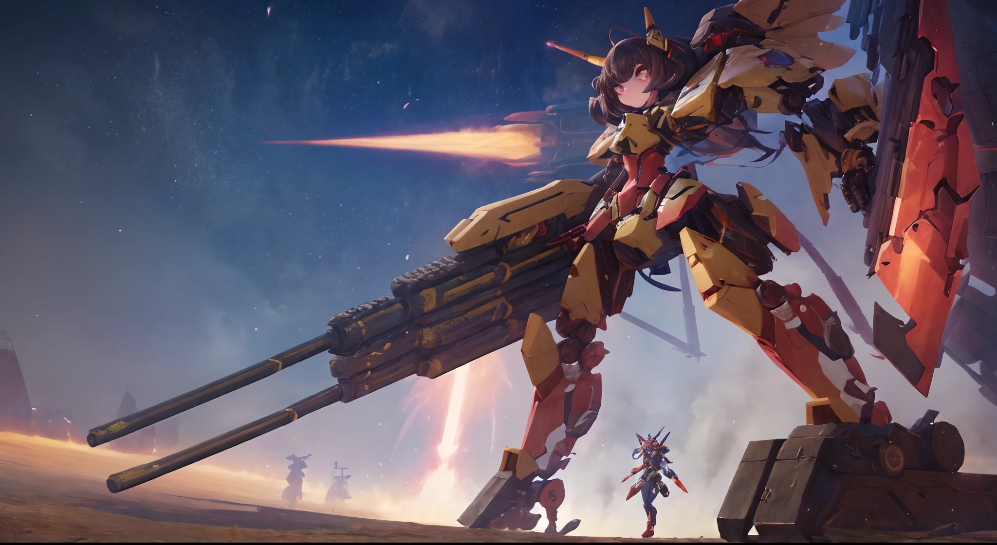 (Masterpiece), Best quality, Ultra-detailed, illustration,A girl with a big gun，Female imps，Plasma cannon，giant mecha，sci-fy，GameCG