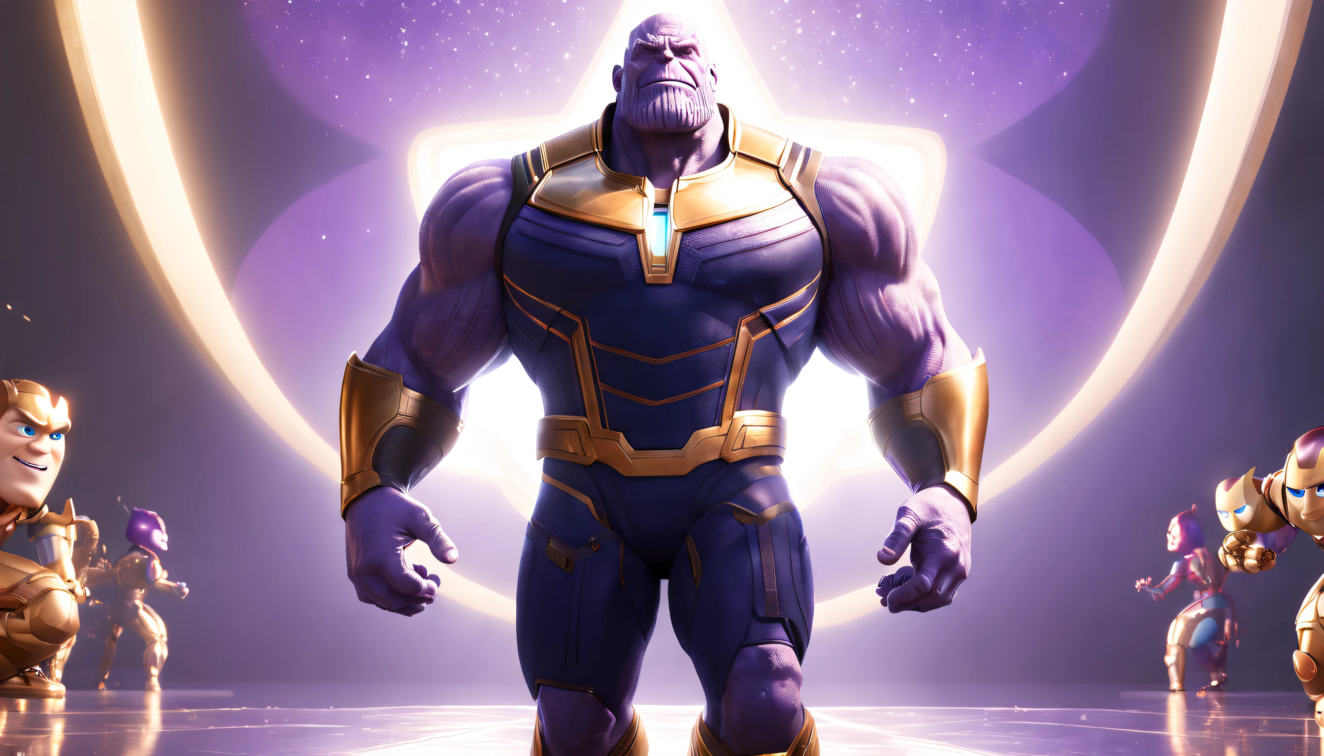 (Avengers movie poster:1.2), Marvel cinematic universe, Thanos, full body shot, (Pixar style:1.5), detailed face, god rays, ray tracing, reflection light, Fujifilm, highres, best quality, UHD, 16k, textured skin