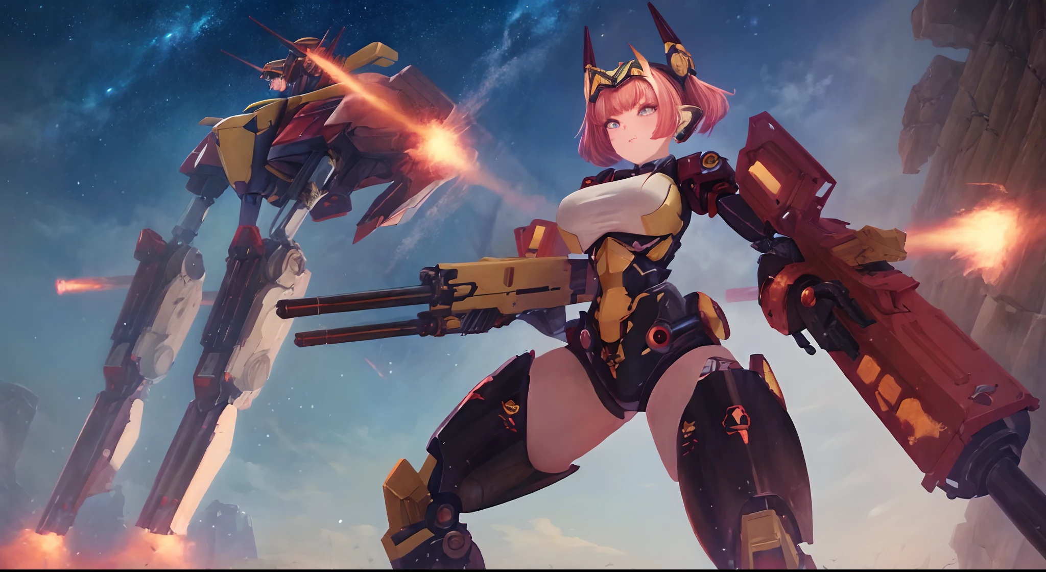 (Masterpiece), Best quality, Ultra-detailed, illustration,A girl with a big gun,Female imps,Plasma cannon,giant mecha,sci-fy,GameCG