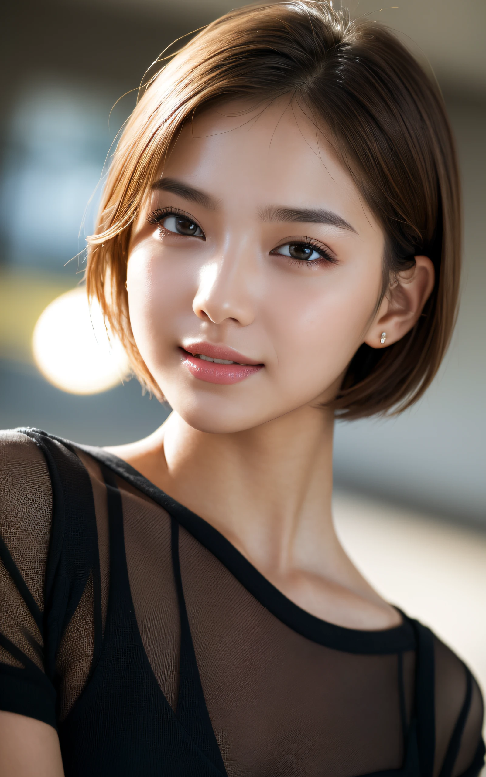 (Photo Real:1.4), (hyper realisitic:1.4), (Smooth lighting:1.05), 1 girl, (sad:1.4), mouth slightly open, neat and clean beauty, 22 years old, Soft lighting, Back lighting, (cheerfulness:1.2), (Finest Real Textured Skins), Narrow-eyed, Super fine face, glowy skin, retinas, Anatomically correct, acurate, Super Detail, Textured skin, High quality, high details, Best Quality, High resolution, short hair, Blouse