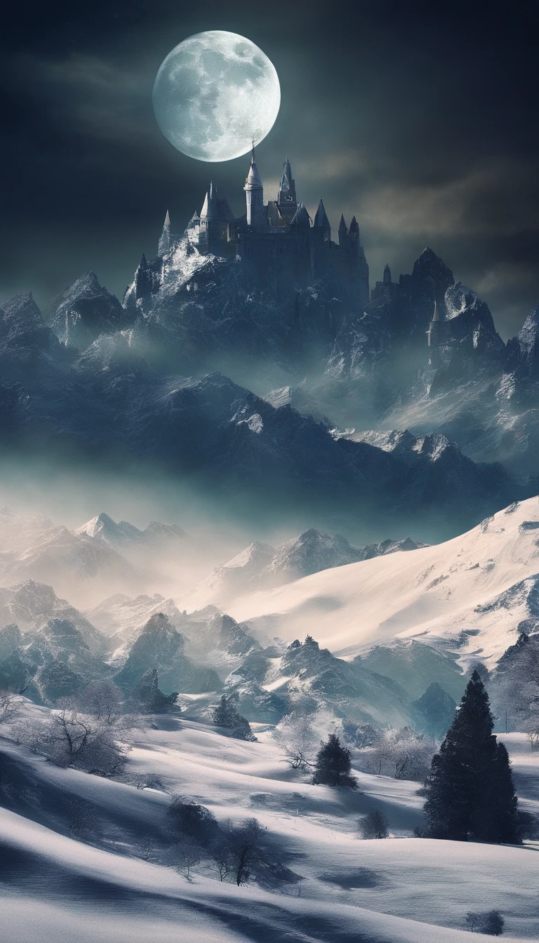 Vast Landscape Photo (view from bottom, which shows the sky above and the rocks below), Fortress at the top (full moon: 1,2), (Shooting stars: 0,9), (nebula: 1,3), High Lonely Mountain ,(Cold light source:1.2), Lonely Mountain, Snow-capped mountains, voluminous lighting, реализм BREAK (tmasterpiece:1.2), (beste-Qualit), 4k, Ultra-detailed, (Dynamic composition: 1.4), Detailed, colorful details, (Cool color scheme: 1.2), (Glowing Lighting, Ambiance Lighting), dreamy, elvish, (独奏: 1.2)