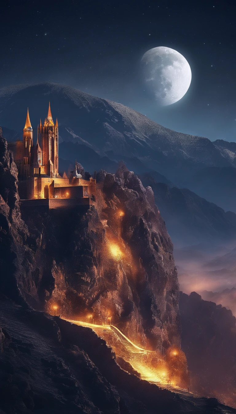 Vast Landscape Photo (view from bottom, which shows the sky above and the rocks below), Fortress at the top (full moon: 1,2), (Shooting stars: 0,9), (nebula: 1,3), High Lonely Mountain ,(Cold light source:1.2), Lonely Mountain, Snow-capped mountains, voluminous lighting, реализм BREAK (tmasterpiece:1.2), (beste-Qualit), 4k, Ultra-detailed, (Dynamic composition: 1.4), Detailed, colorful details, (Cool color scheme: 1.2), (Glowing Lighting, Ambiance Lighting), dreamy, elvish, (独奏: 1.2)