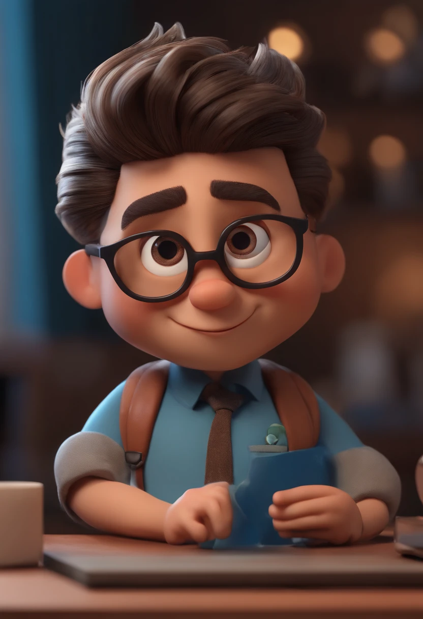 Cartoon character of a man wearing black glasses and a blue shirt, um personagem animado, Caractere estilizado, animation style rendering, 3D estilizado, Arnold Maya render, 3 d render stylized, toon render keyshot, Personagem 3D, Personagem 3D, 3d rendering stylized, 3 d character render, personagem de desenho animado, Personagem de close up, Pose de personagem, (Estilo Pixar) (master part:1.2) (Bokeh) (best quality) (pele detalhada) (textura detalhada) (8k) (argila) (Cinematic lighting) (foco nítido,Senta e vaza a parte superior do corpo