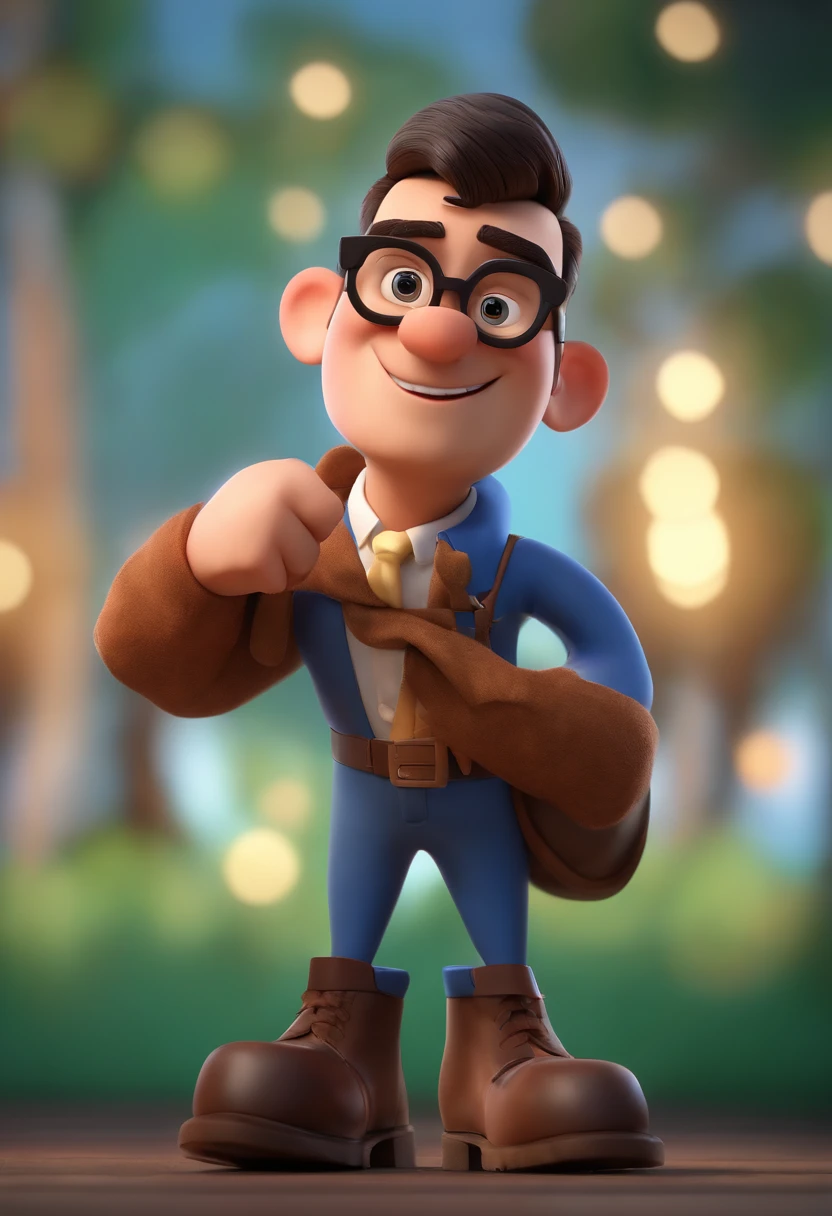 Cartoon character of a man wearing black glasses and a blue shirt, um personagem animado, Caractere estilizado, animation style rendering, 3D estilizado, Arnold Maya render, 3 d render stylized, toon render keyshot, Personagem 3D, Personagem 3D, 3d rendering stylized, 3 d character render, personagem de desenho animado, Personagem de close up, Pose de personagem, (Estilo Pixar) (master part:1.2) (Bokeh) (best quality) (pele detalhada) (textura detalhada) (8k) (argila) (Cinematic lighting) (foco nítido，Senta e vaza a parte superior do corpo