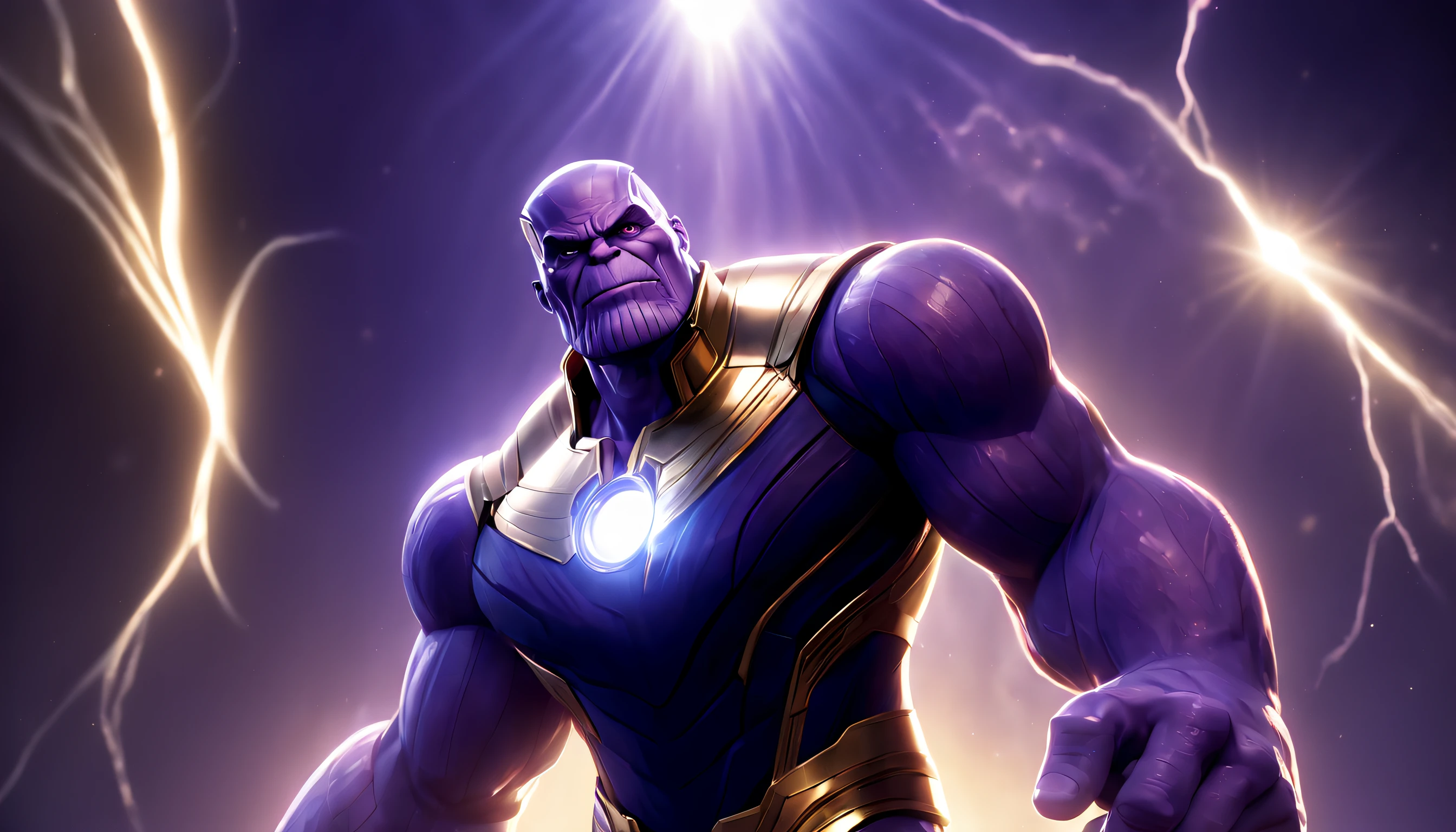 (Avengers movie poster:1.2), Marvel cinematic universe, Thanos, full body shot, (Pixar style:1.5), detailed face, god rays, ray tracing, reflection light, Fujifilm, highres, best quality, UHD, 16k, textured skin