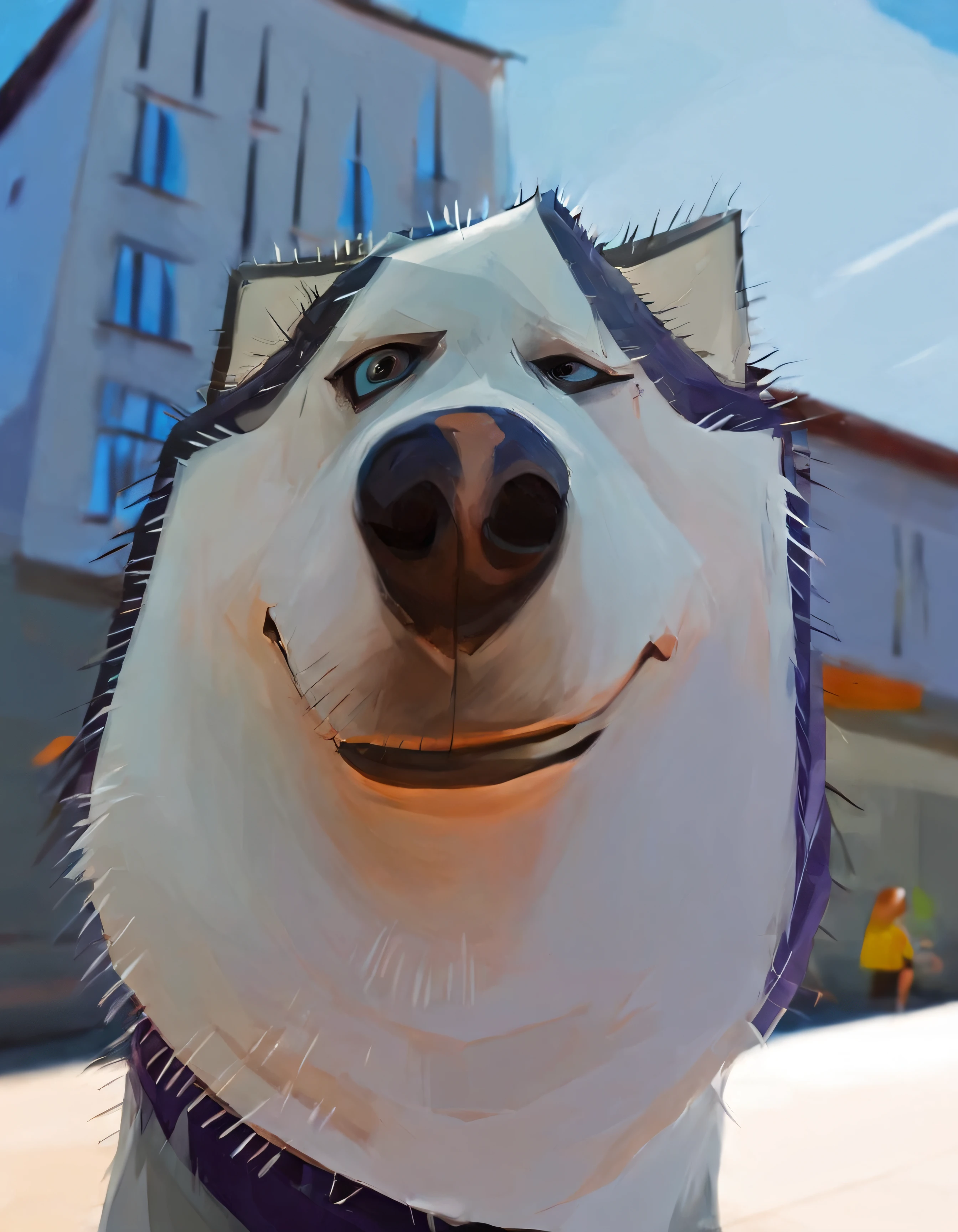 fisheye view, goofy husky with a smile on its face, winks, one eye squinted, building in the background, caricature, albeniz rodriguez style